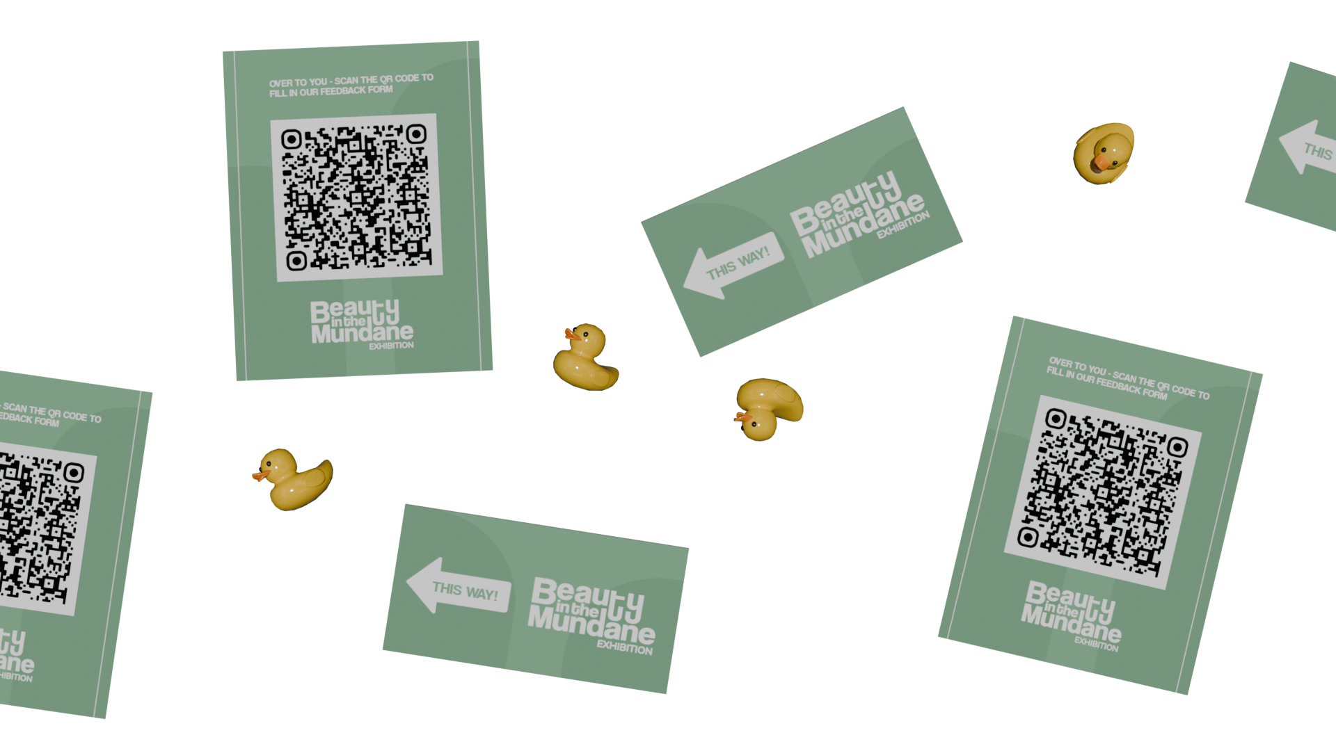 Scattered posters of different sizes, one features an arrow and one features a QR code. Around the posters are yellow rubber ducks.