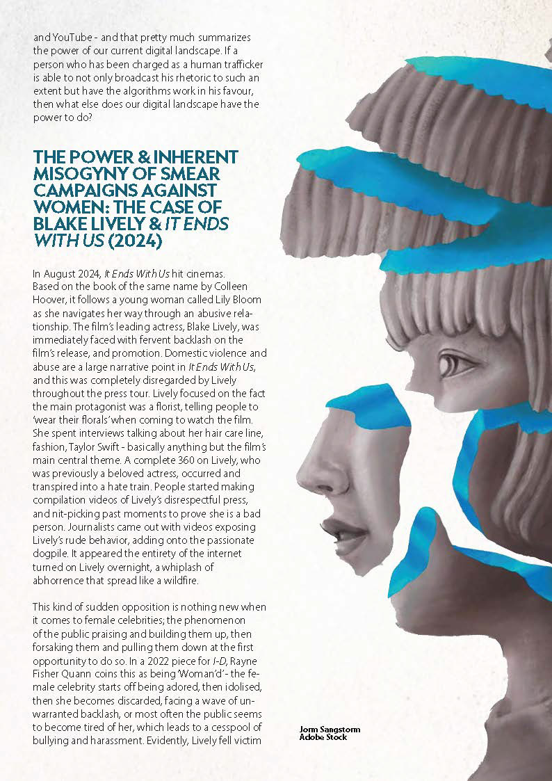 A magazine page with a white textured background and grey and dark blue text on top. The right half of the page has an illustration of a girl's face fracturing with blue at the cracks.