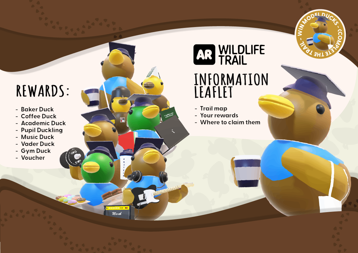 A leaflet featuring 3D modelled graduate-themed ducks holding various including laptops, coffee cups and guitars. 