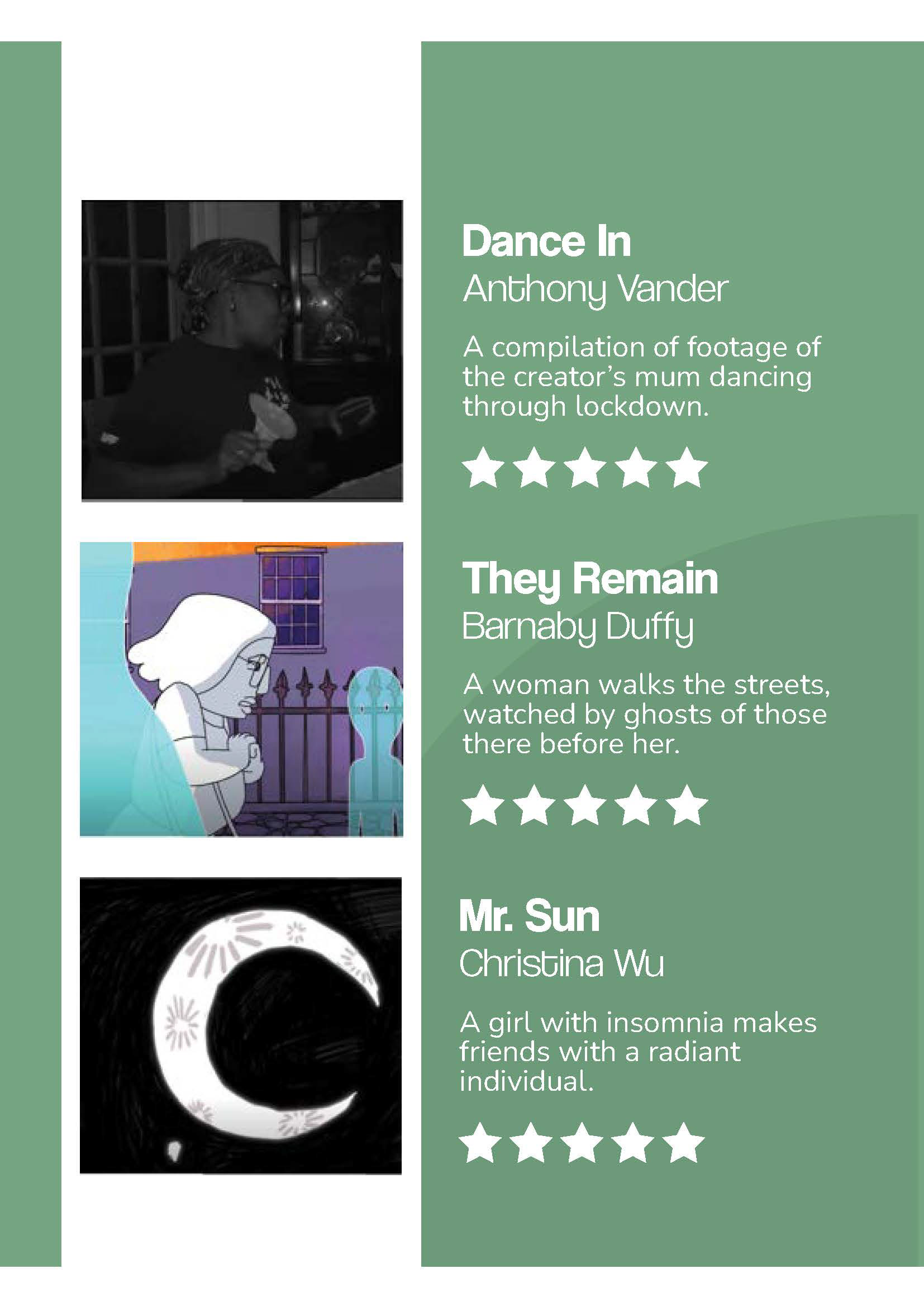 A page from an exhibition guide that has a list of films with star ratings on a pale green background.