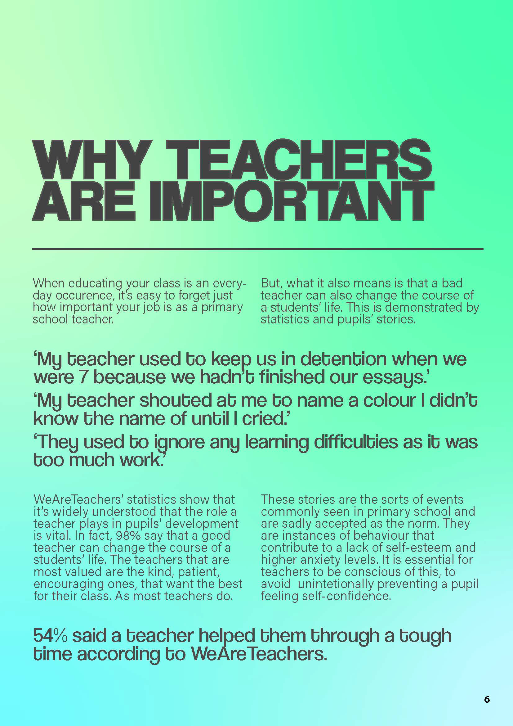 A page on the importance of teachers with an green and blue gradient background.
