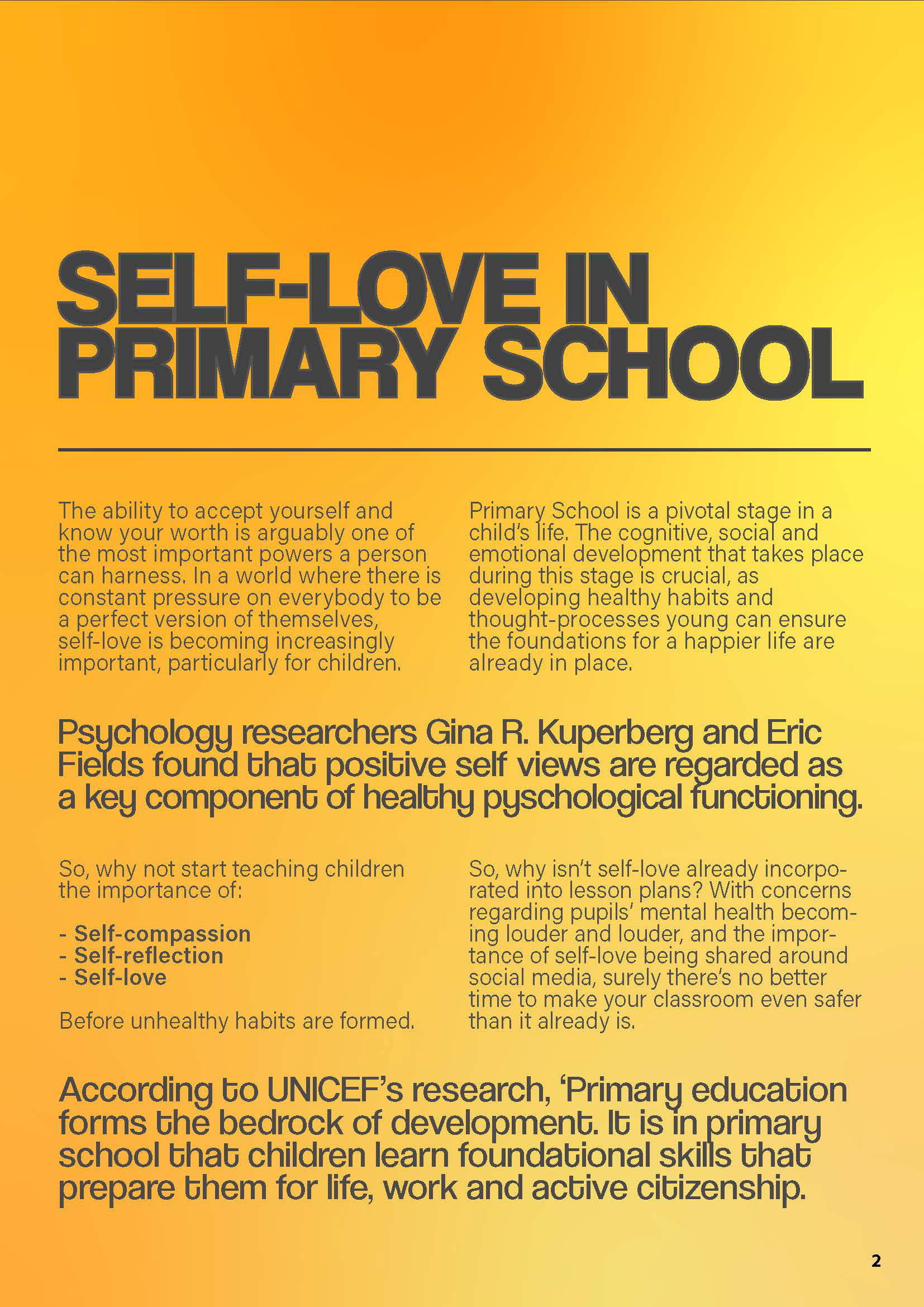 A page on self-love in primary school with an orange and yellow gradient background.