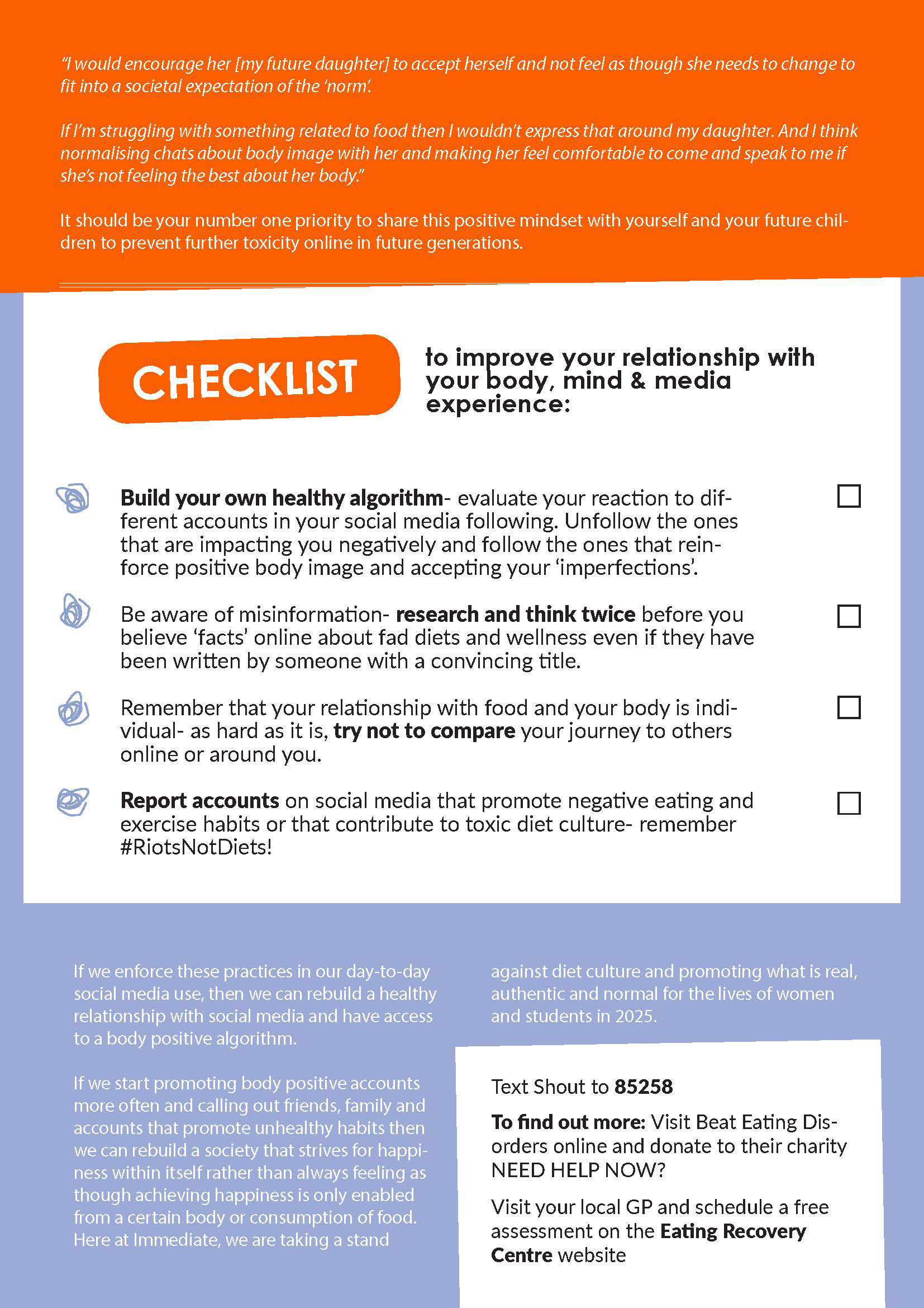 A second magazine page with a blue and orange theme. The text discusses the dangers of Diet Culture.