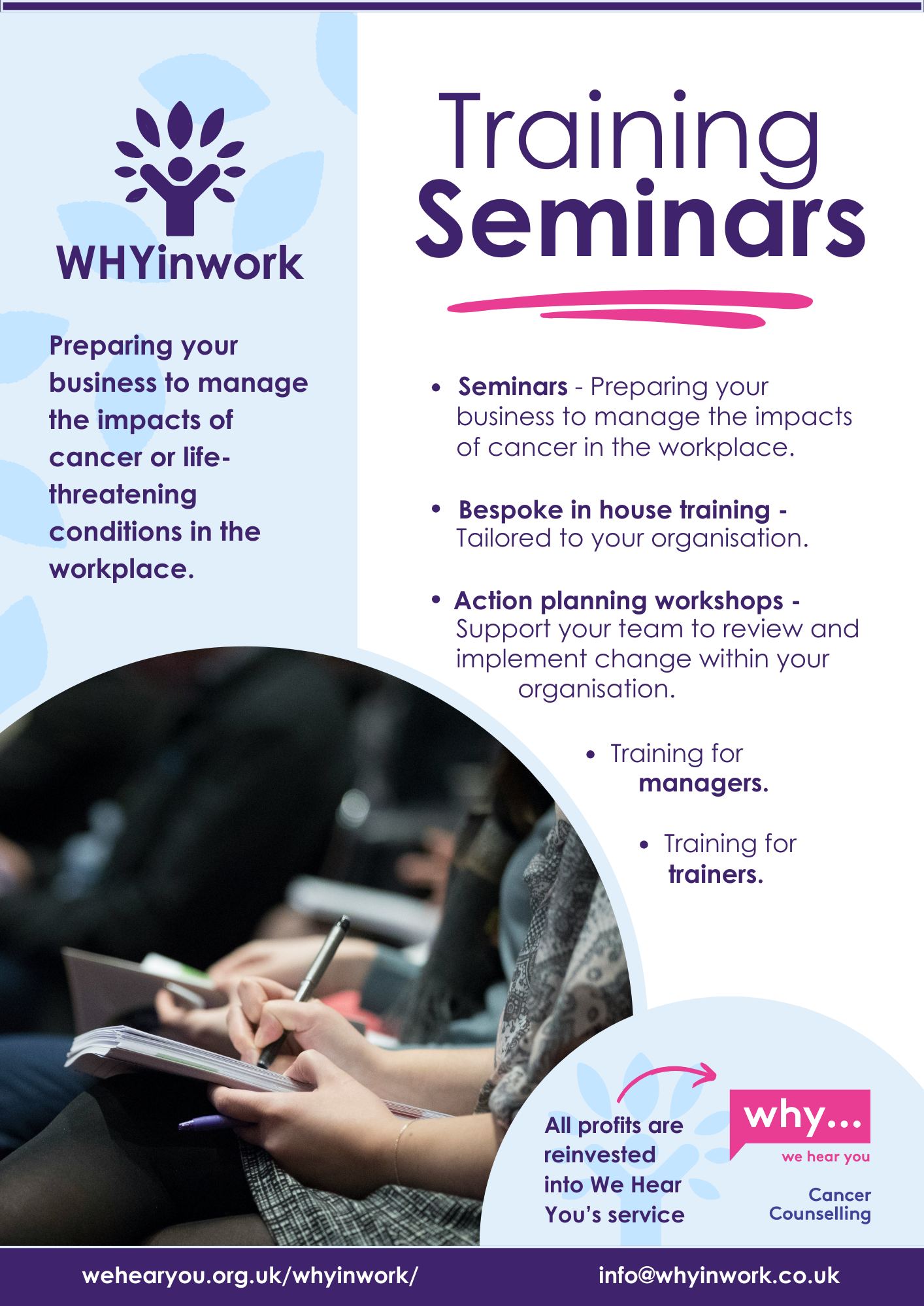A poster promoting training seminars. It has purple text, an image of people writing in notebooks and the WHYinwork and WHY logo.