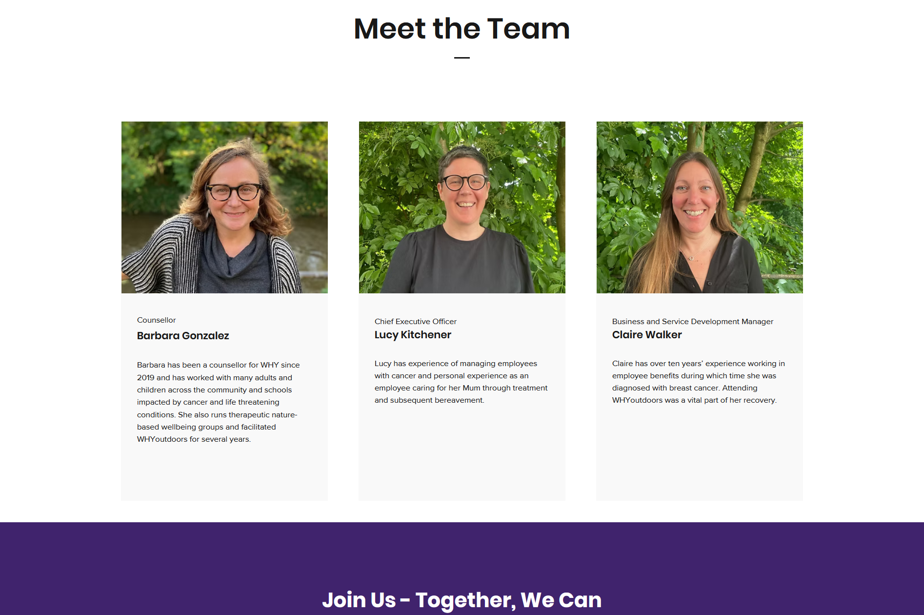 A screenshot of a webpage displaying three women and descriptions of their job roles. The women are all standing in front of greenery and smiling.