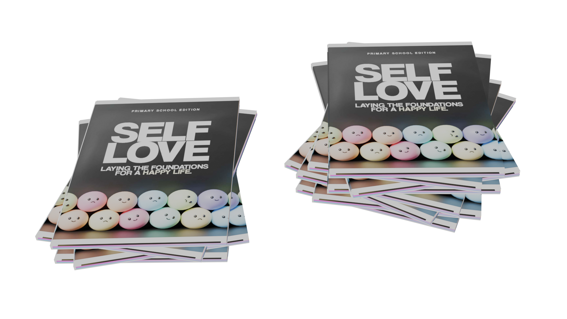 Two untidy stacks of a booklet with different coloured spheres with happy and sad faces, the booklet covers features "Self-Love" in bold text.