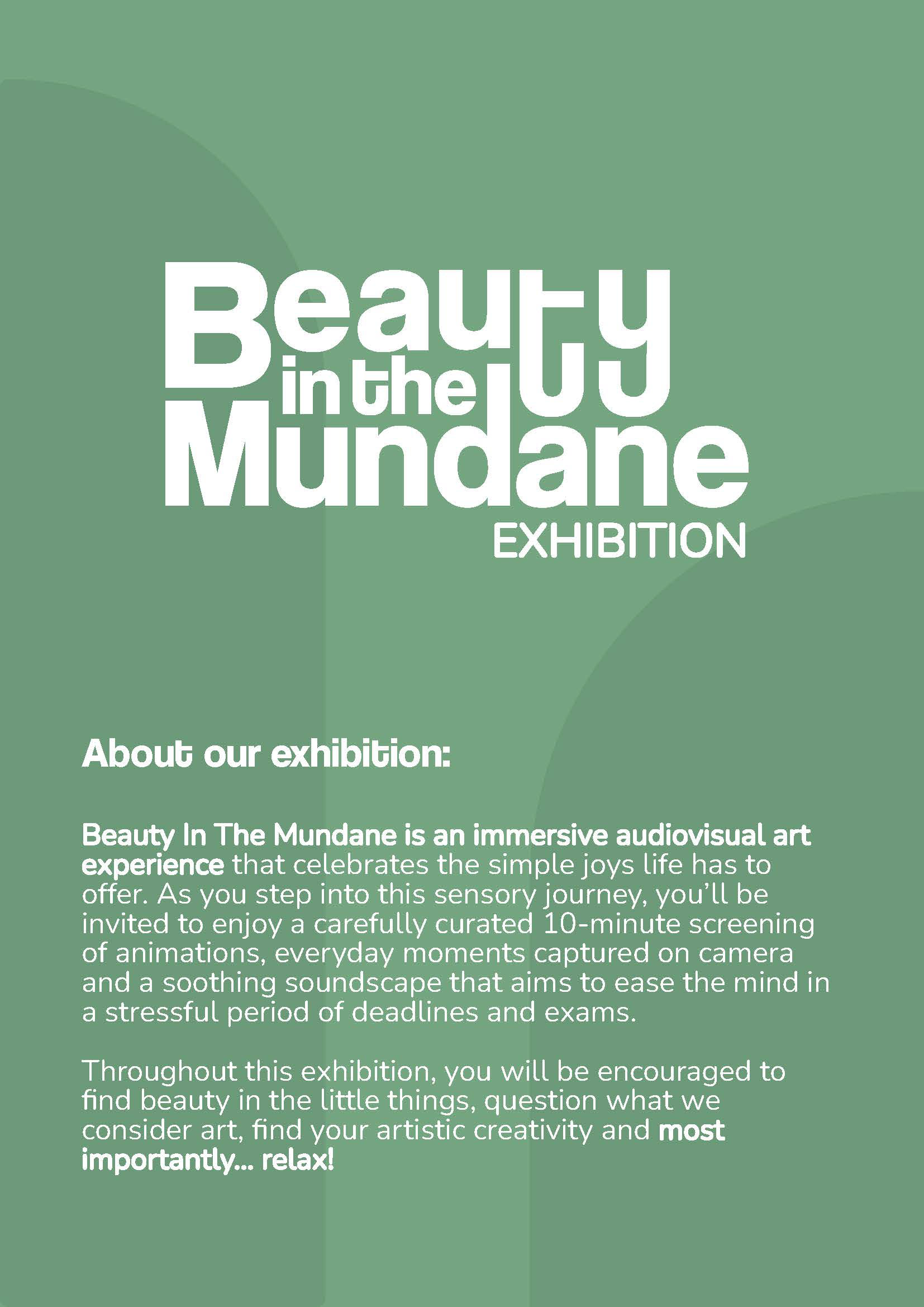A page from an exhibition guide that includes a "Beauty in the Mundane" logo and a paragraph of text on a pale green background.