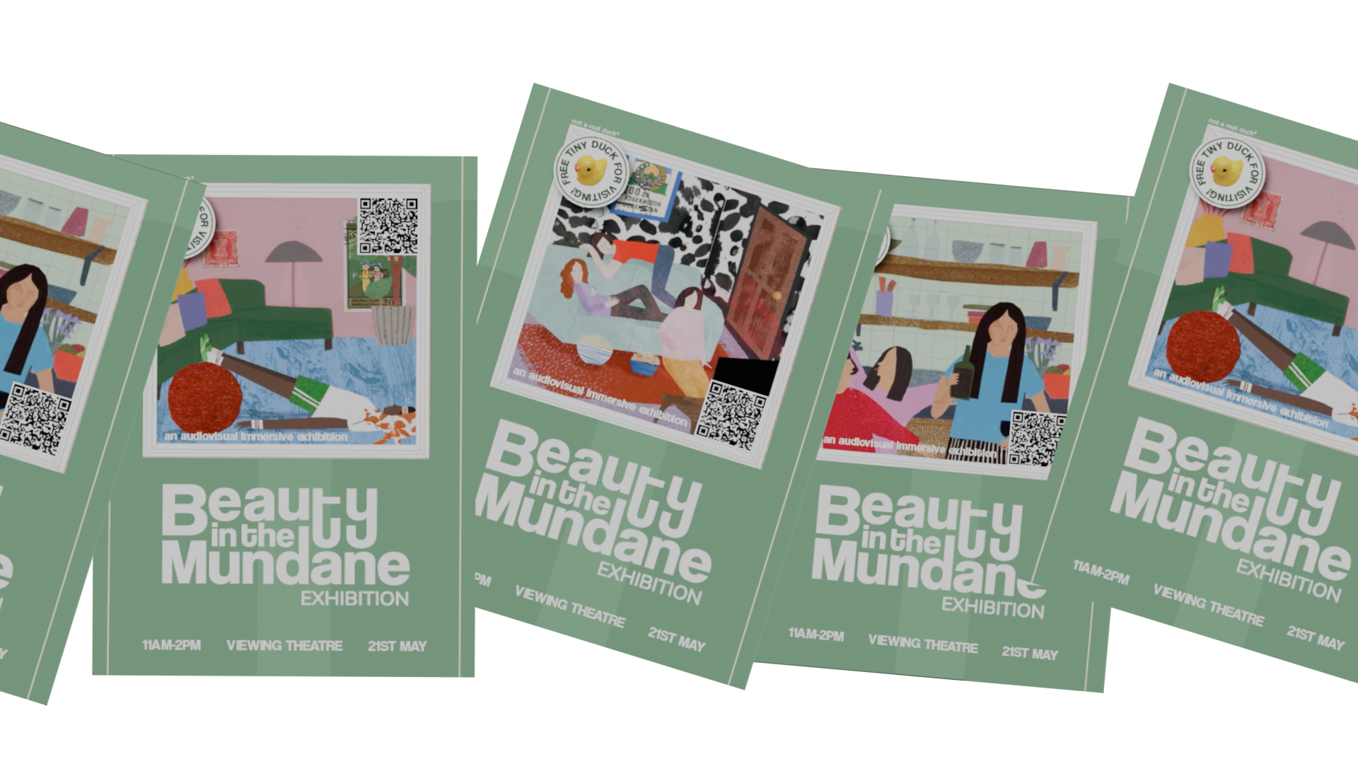 Scattered posters across the screen that feature "beauty in the mundane" text and illustrations of people sitting on a sofa, in a kitchen, and using a fitness ball.