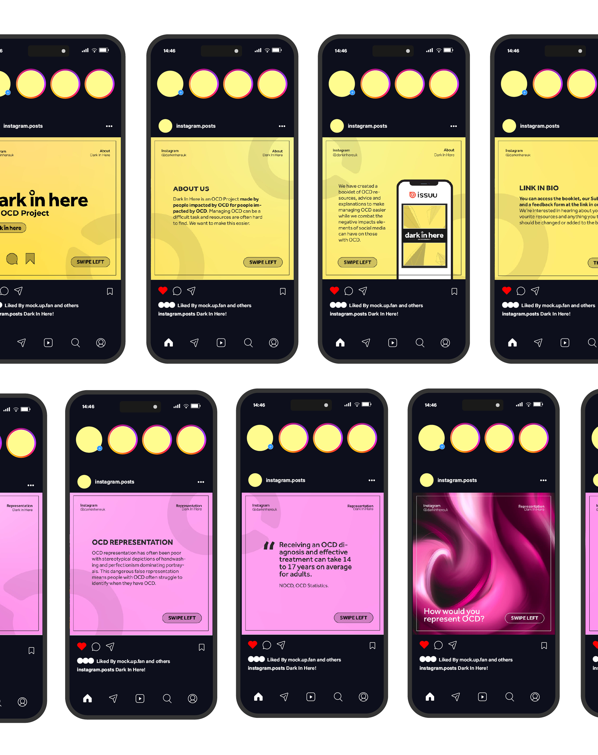 Nine phones displaying Instagram posts. Each post is a different colour gradient and feature a title, logo, instructions and social media iconography.