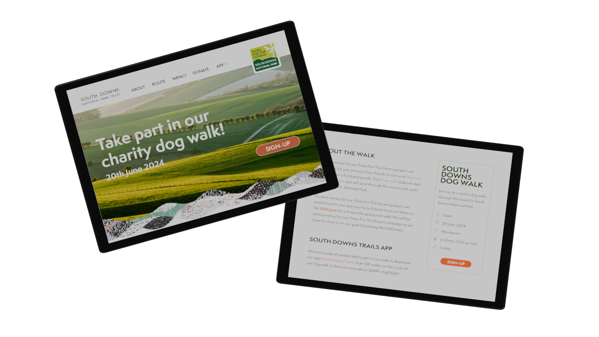 Two iPads displaying different parts of a web design. One iPad features an image of a field accompanied by navigation buttons, and the other features paragraphs of text.