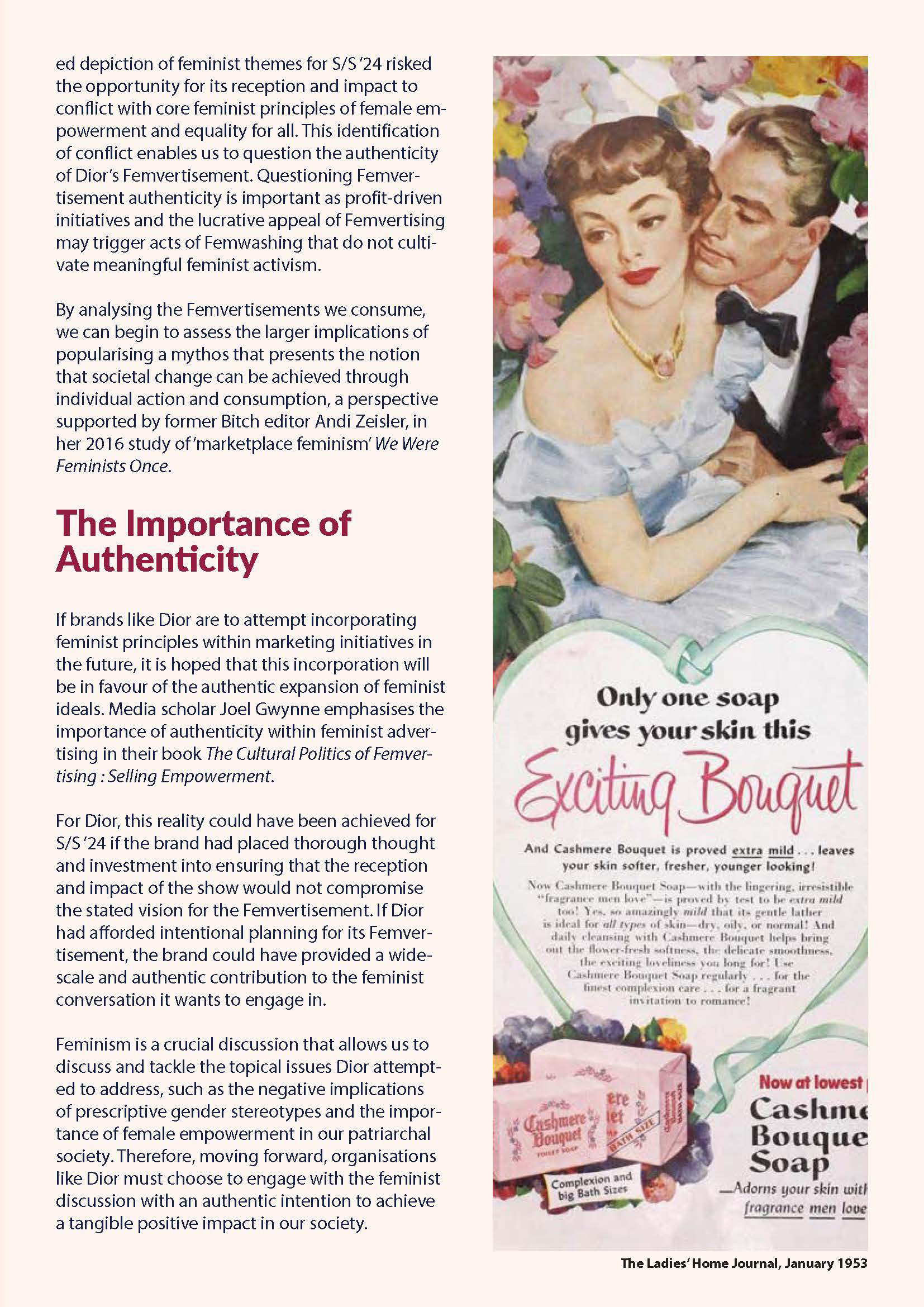 A magazine page with a pale pink background, an illustration of a man and woman dressed for a wedding and dark red and black text. The text discusses Dior's Femvertising.