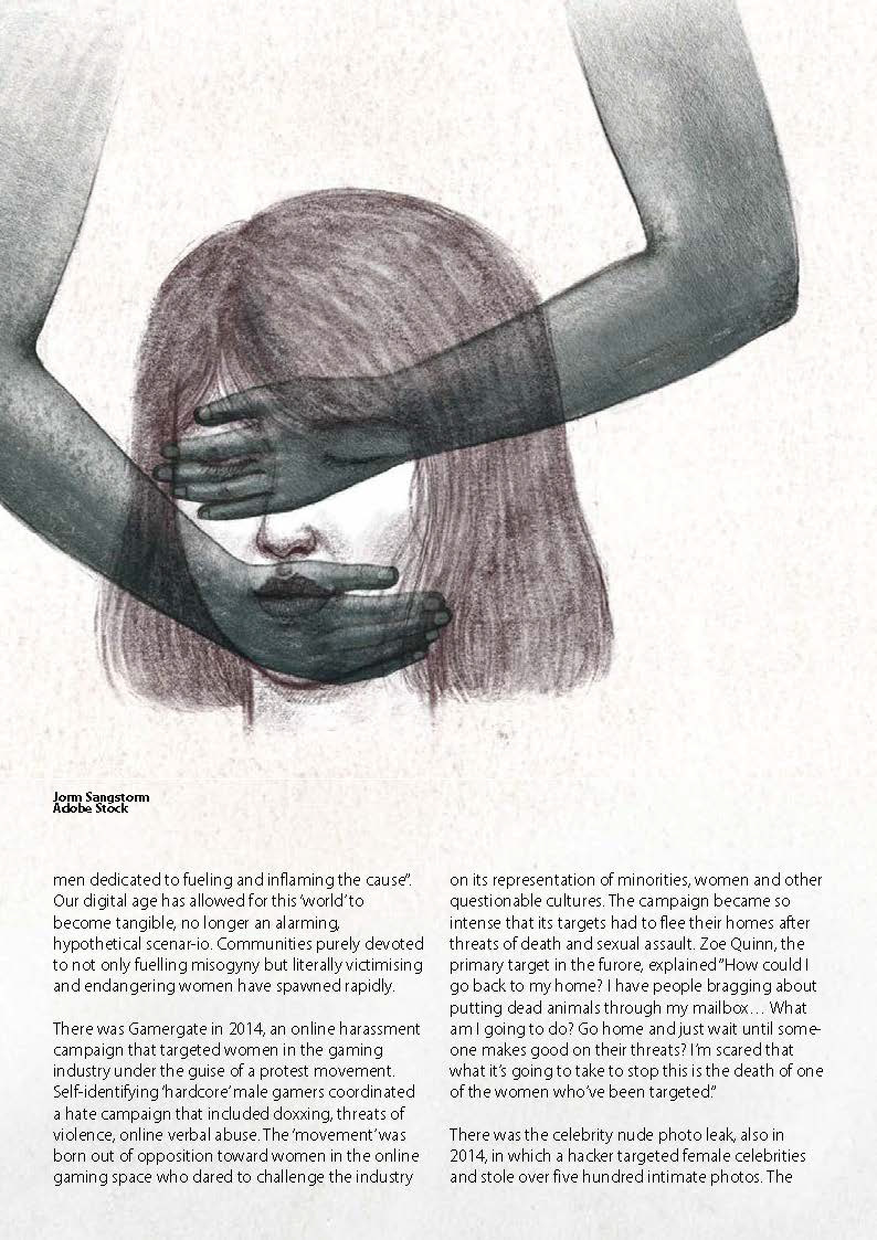 A magazine page with a white and brown textured background and grey text on top. The top half of the page has a grey illustration of a girl with hands covering her face.