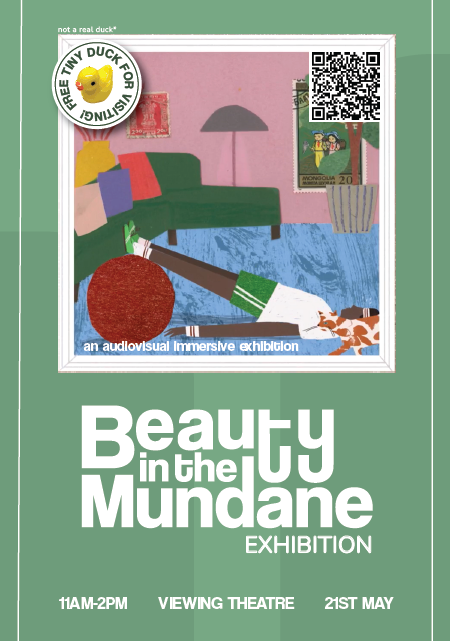A pale green poster that uses a "beauty in the mundane" logo and an illustration of a man in green shorts using a fitness ball.