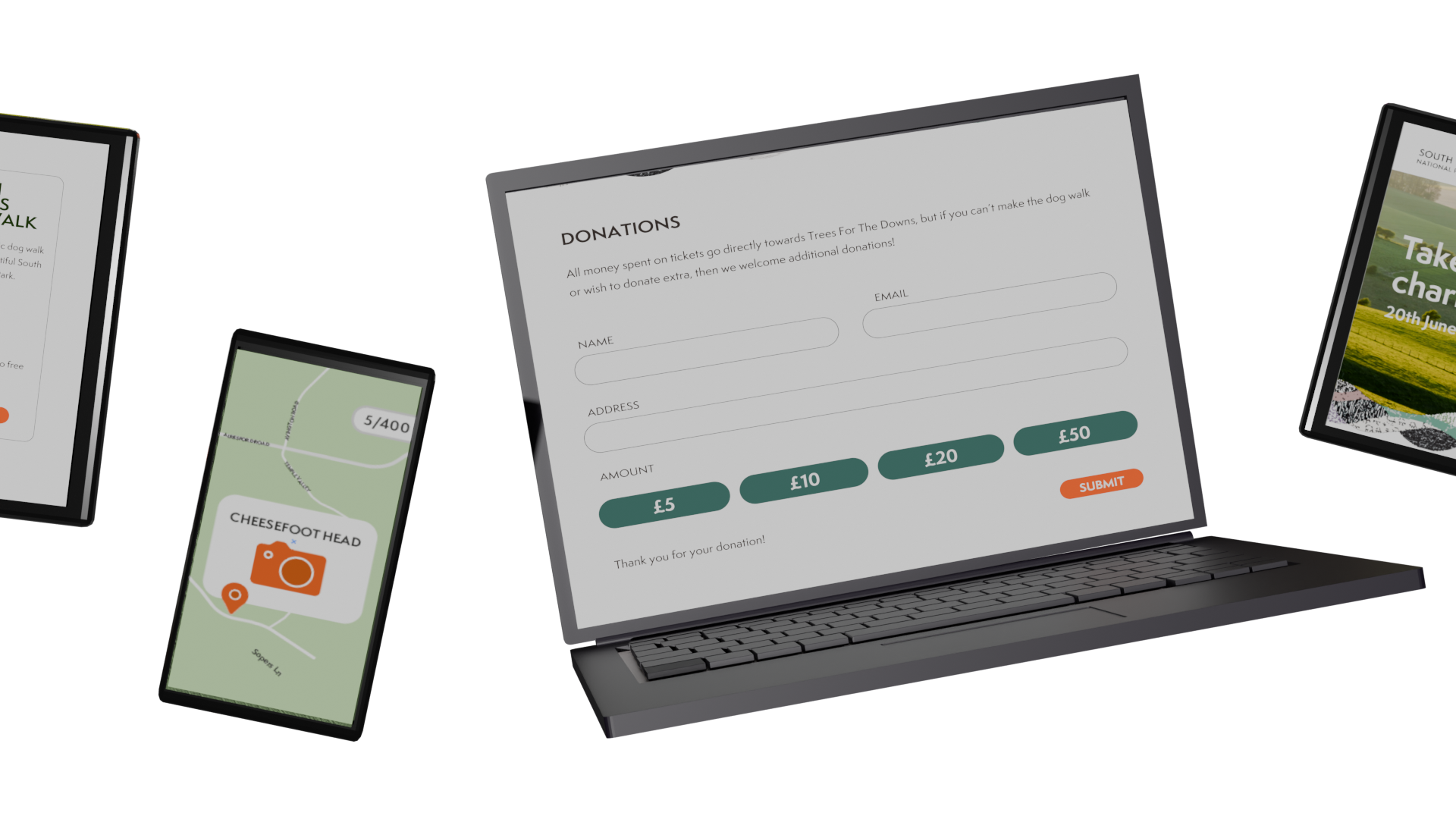 A laptop, a phone and two tablets displaying web and app content. The phone displays a map, whilst the other devices display fundraising webpages.