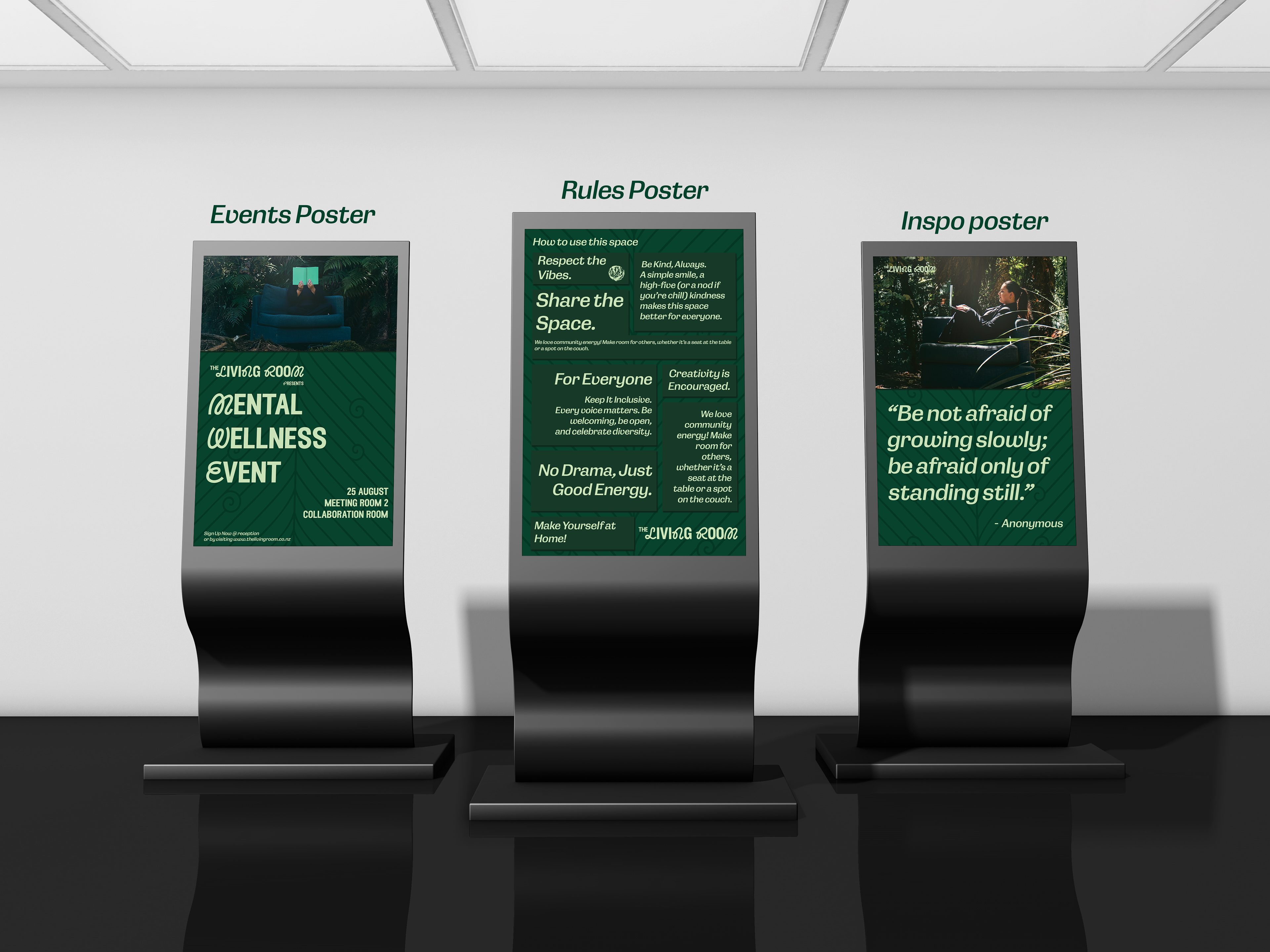3 posters showcasing different types of information displayed within The Living Room