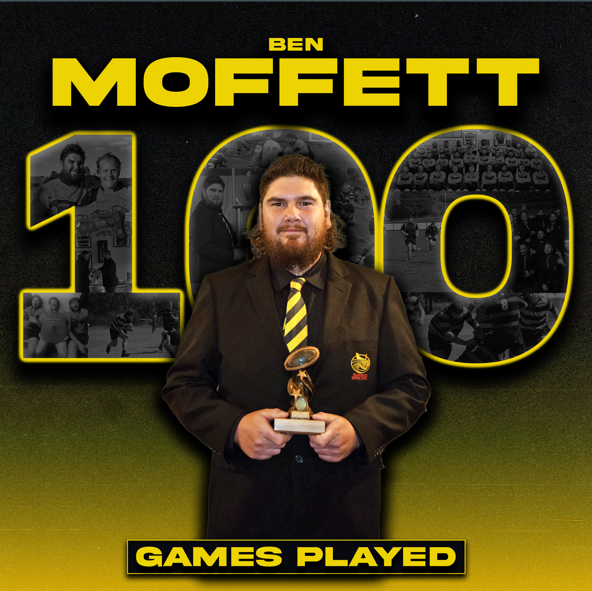 In collaboration with the Taumarunui Districts Rugby team congratulating a significant milestone for player Ben Moffett