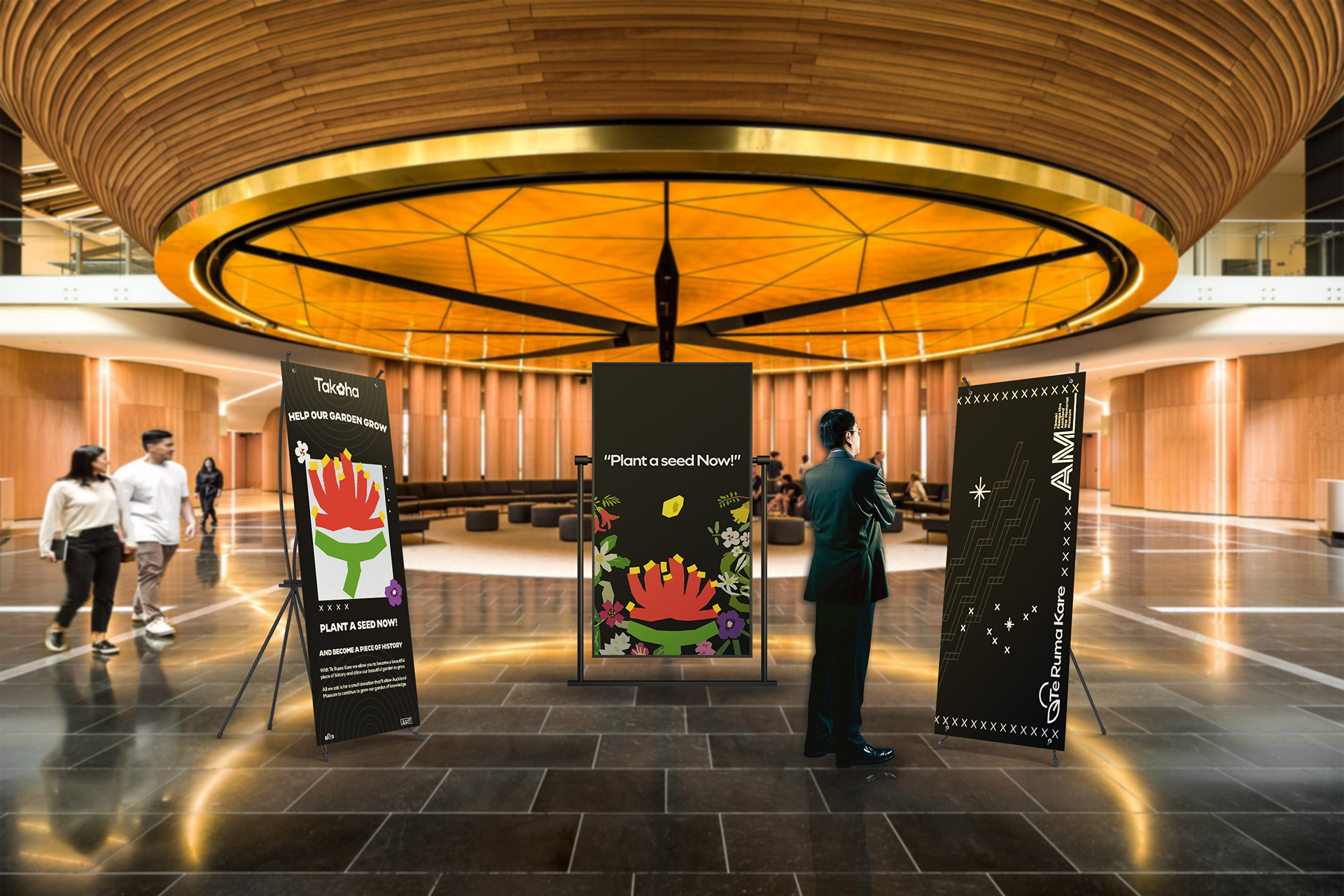 Internal facing banners displaying blends between traditional Māori design and minimalistic graphic design