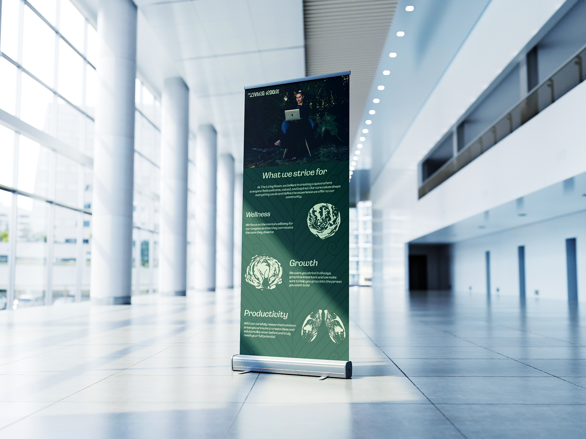 An informational banner displaying the core values of The Living Room