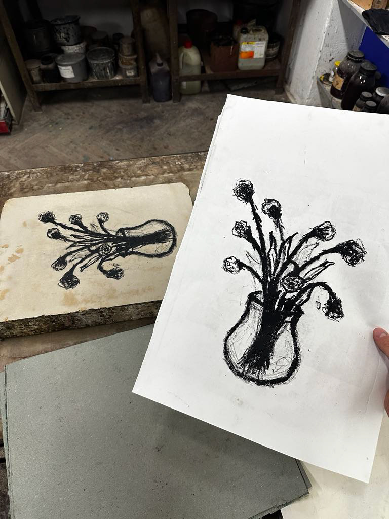 Litho stone and finished print.