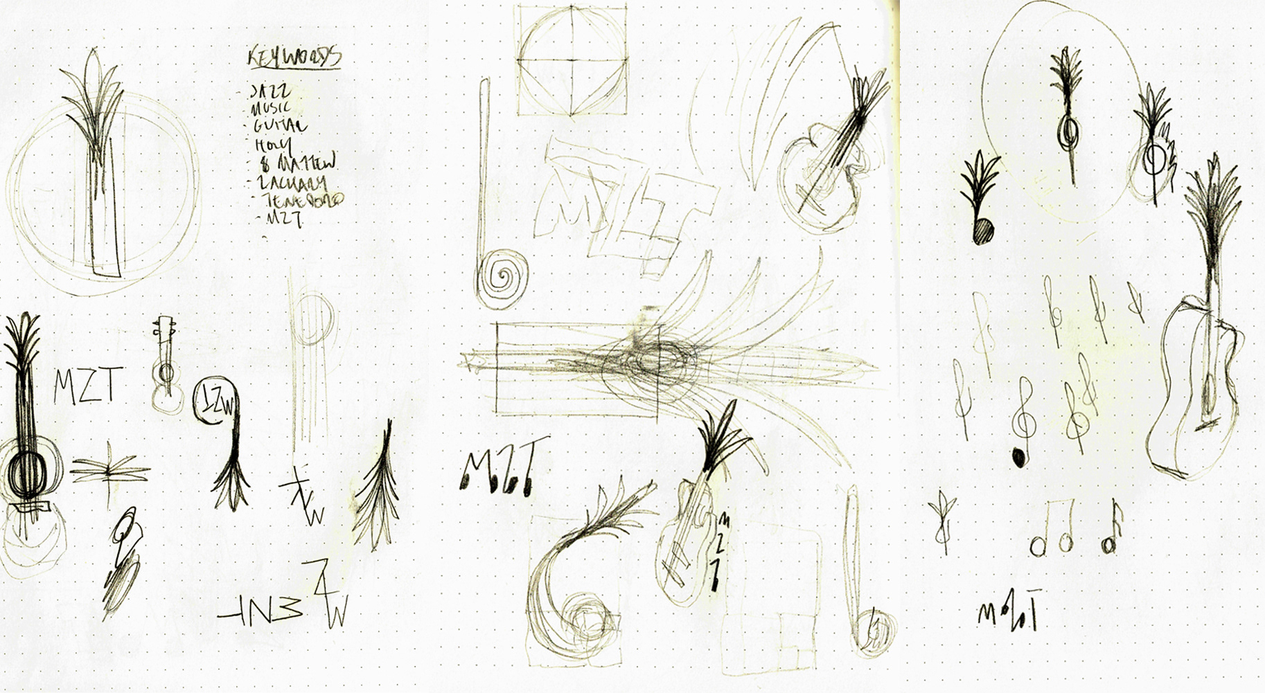 Initial stages of the design, incorporating a guitar with palm leaves.