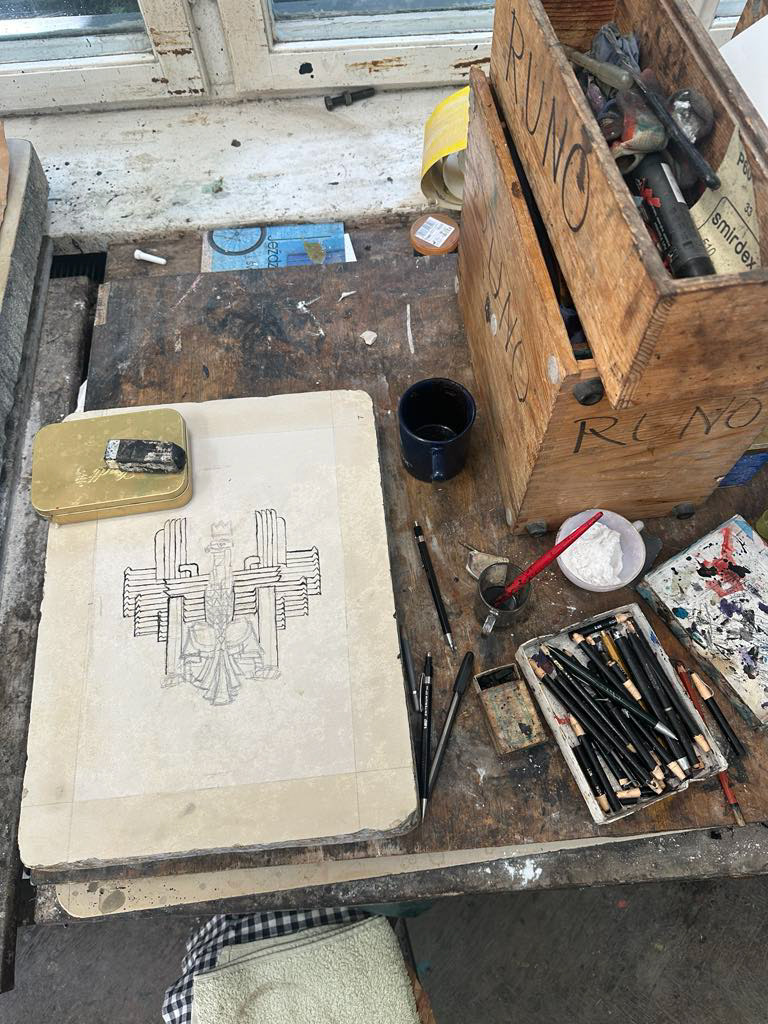Drawing directly on lithostone with graphite and ink.