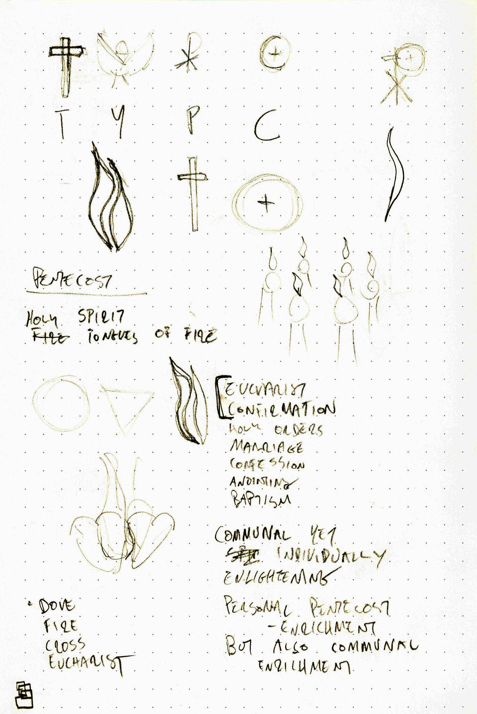I started by listing out key words to incorporate into the logo. I found that the sacrament of confirmation, which is a spiritual "sending out" into the world, would connect well with young professionals entering the workforce.