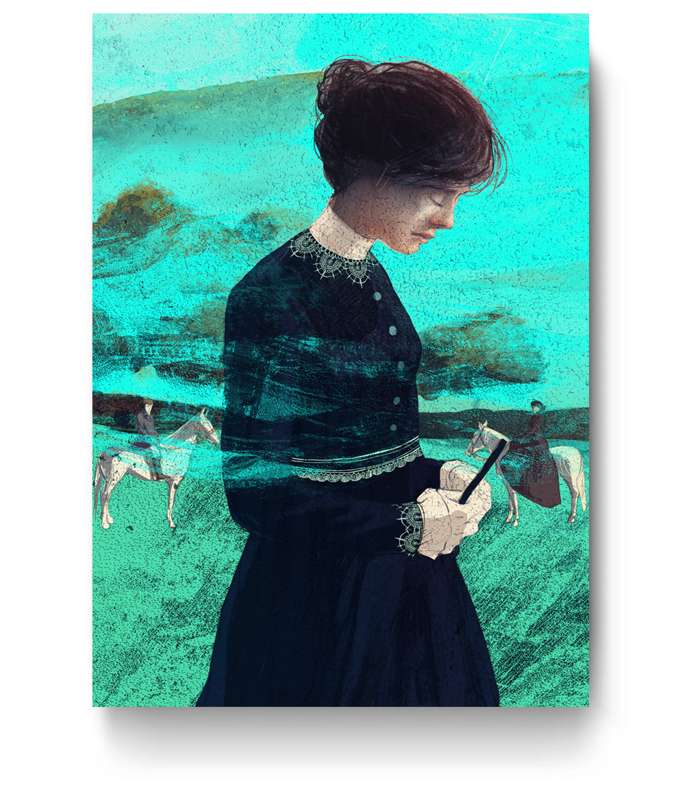 Turquoise illustration of a victorian british girl