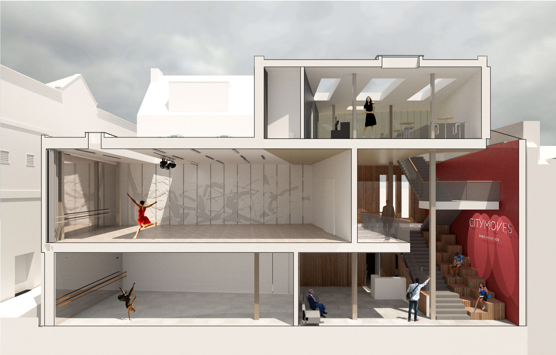 A perspective section through the Dance Studio