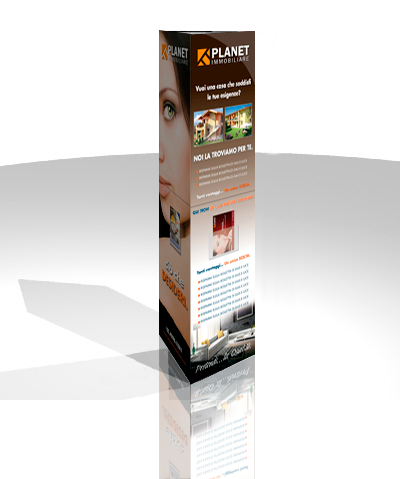 Progetto grafico espositore centro commerciale per PLANET IMMOBILIARE