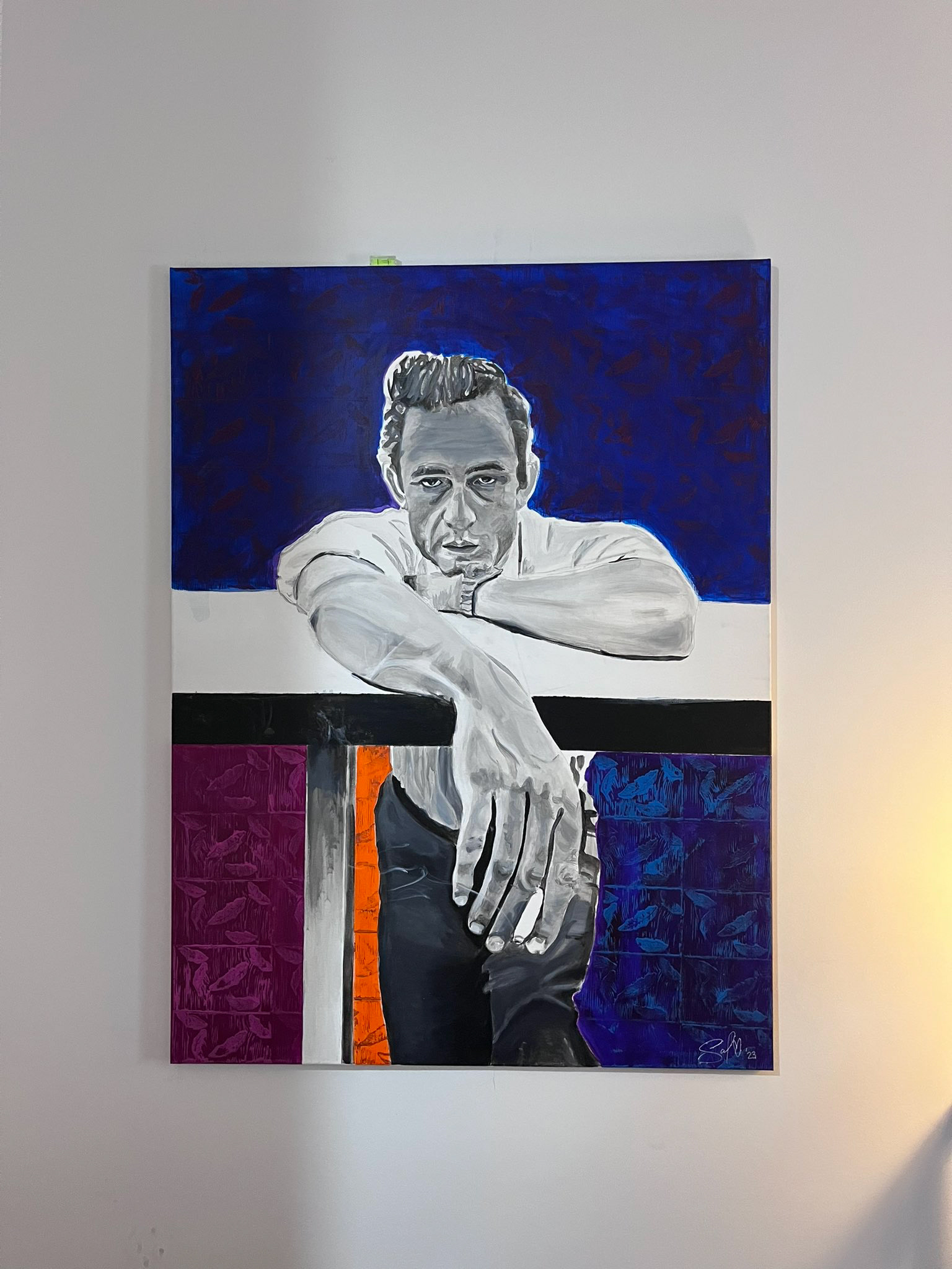 Johnny Cash, 2023 (commission)  acrylic & linoleum block stamp 36x48