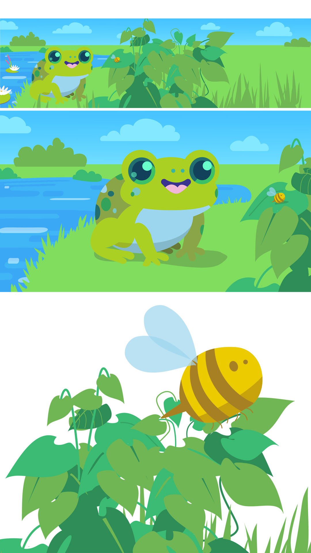 NATAGORA - Importance de la diversité de la faune et la flore en ville comme à la campagne. Création des décors et des personnages sous Adobe Illustrator. Animation de la grenouille, de l'abeille, des plantes et des nuages sous Adobe After Effect.