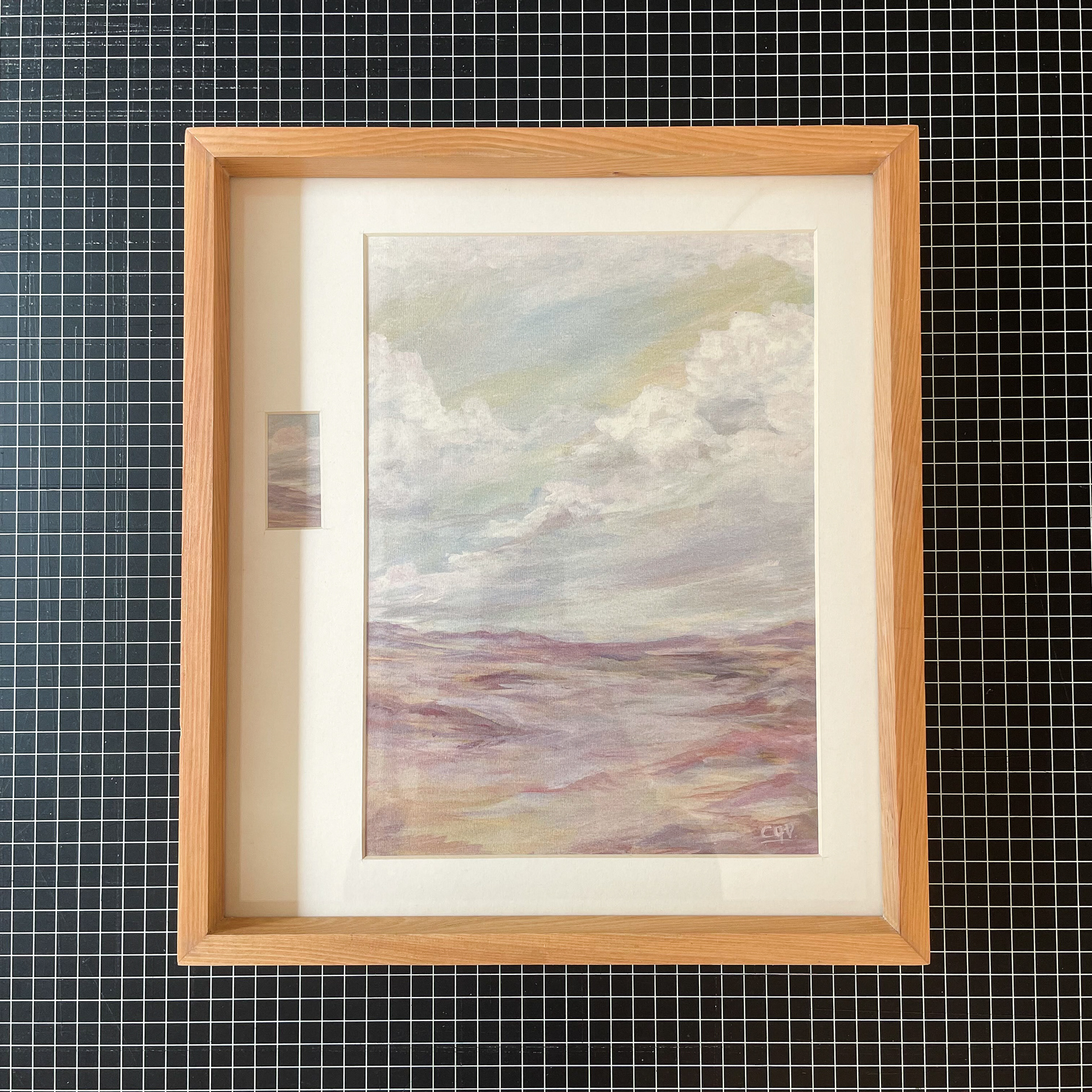 Obra: Catalina Quintana. Enmarcación con paspartú doble ventana. Moldura 13x40mm y madera mañío.