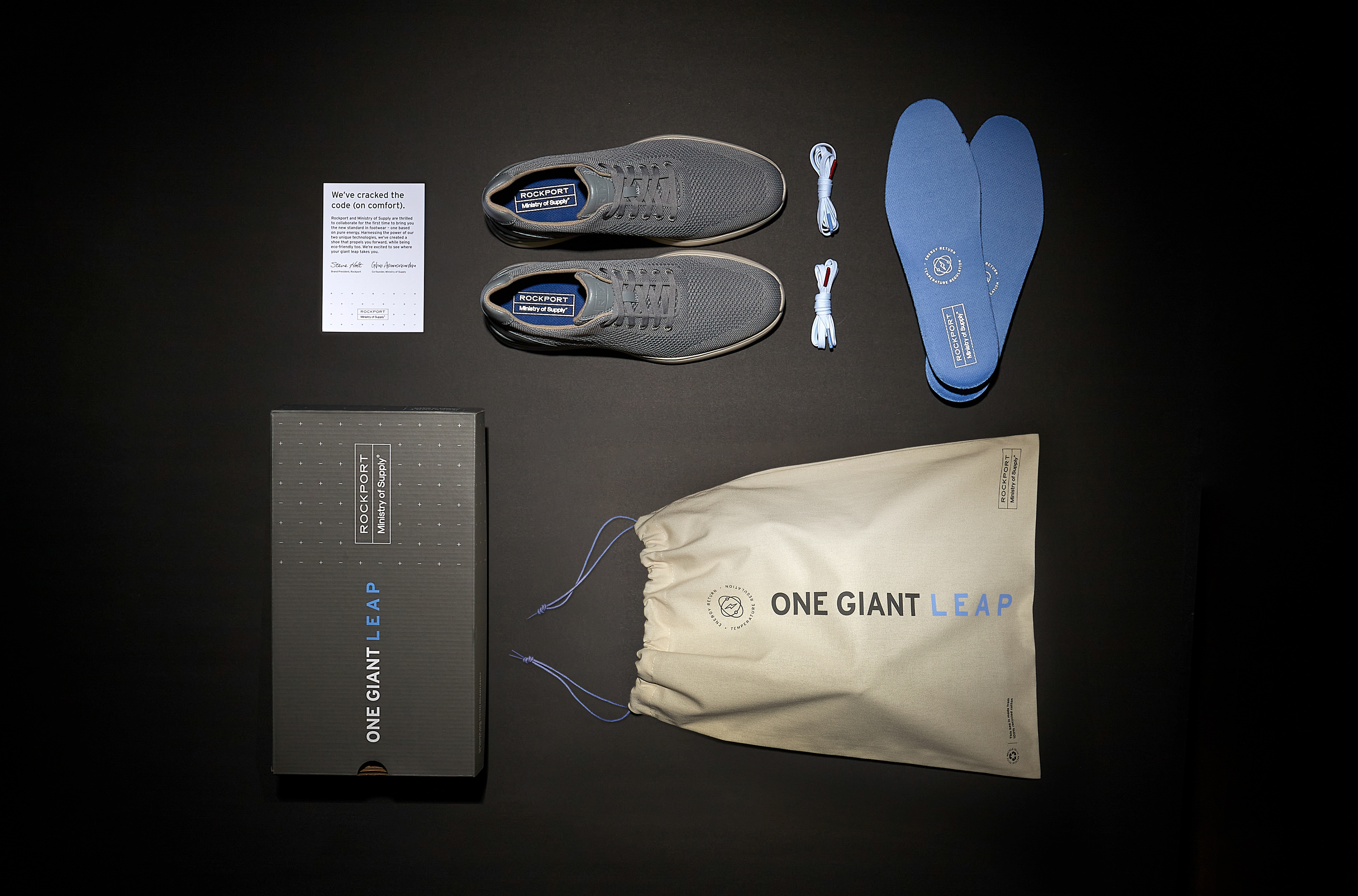Packaging items – Recycled shoebox. Recycled tote/wash bag. Biodegradable box insert. Pair of eco-friendly shoes. Additional pair of laces and footbeds to help lengthen the life of shoes.