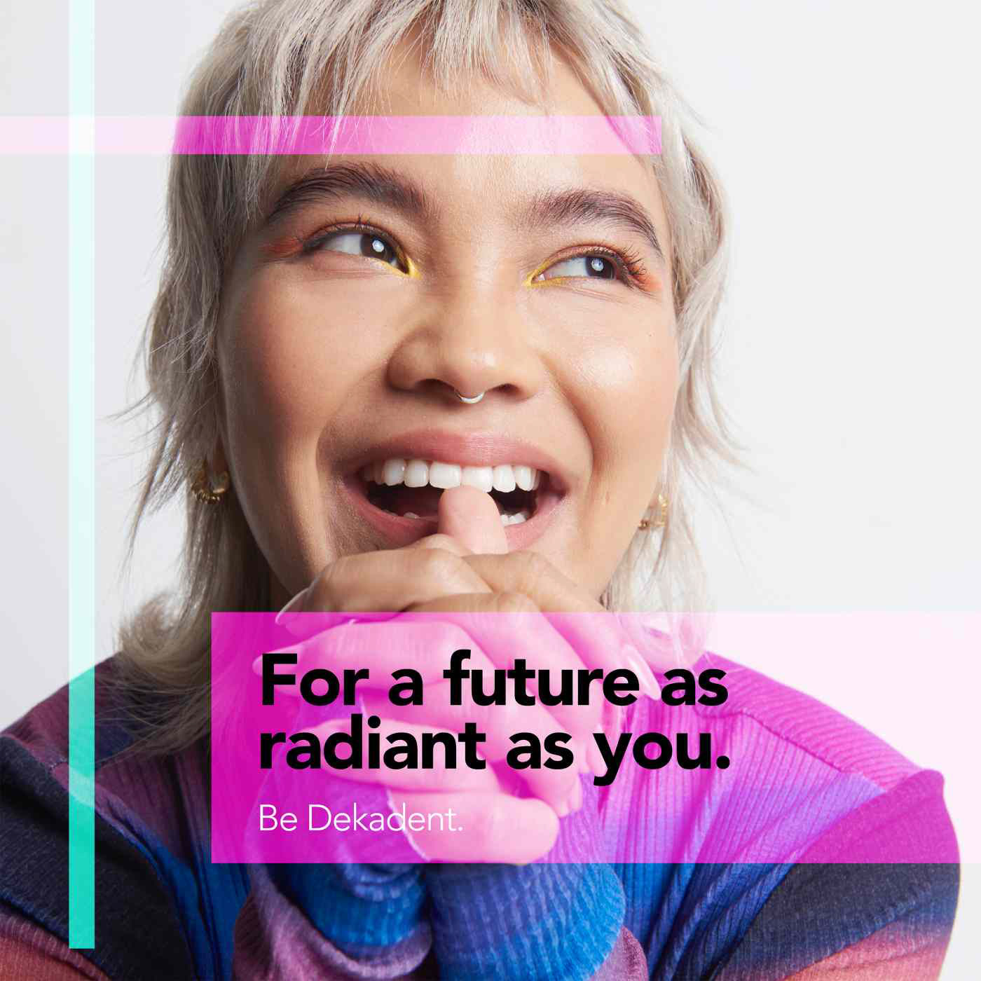 Designed image of a young woman with short hair laughing and copy about the future being radiant