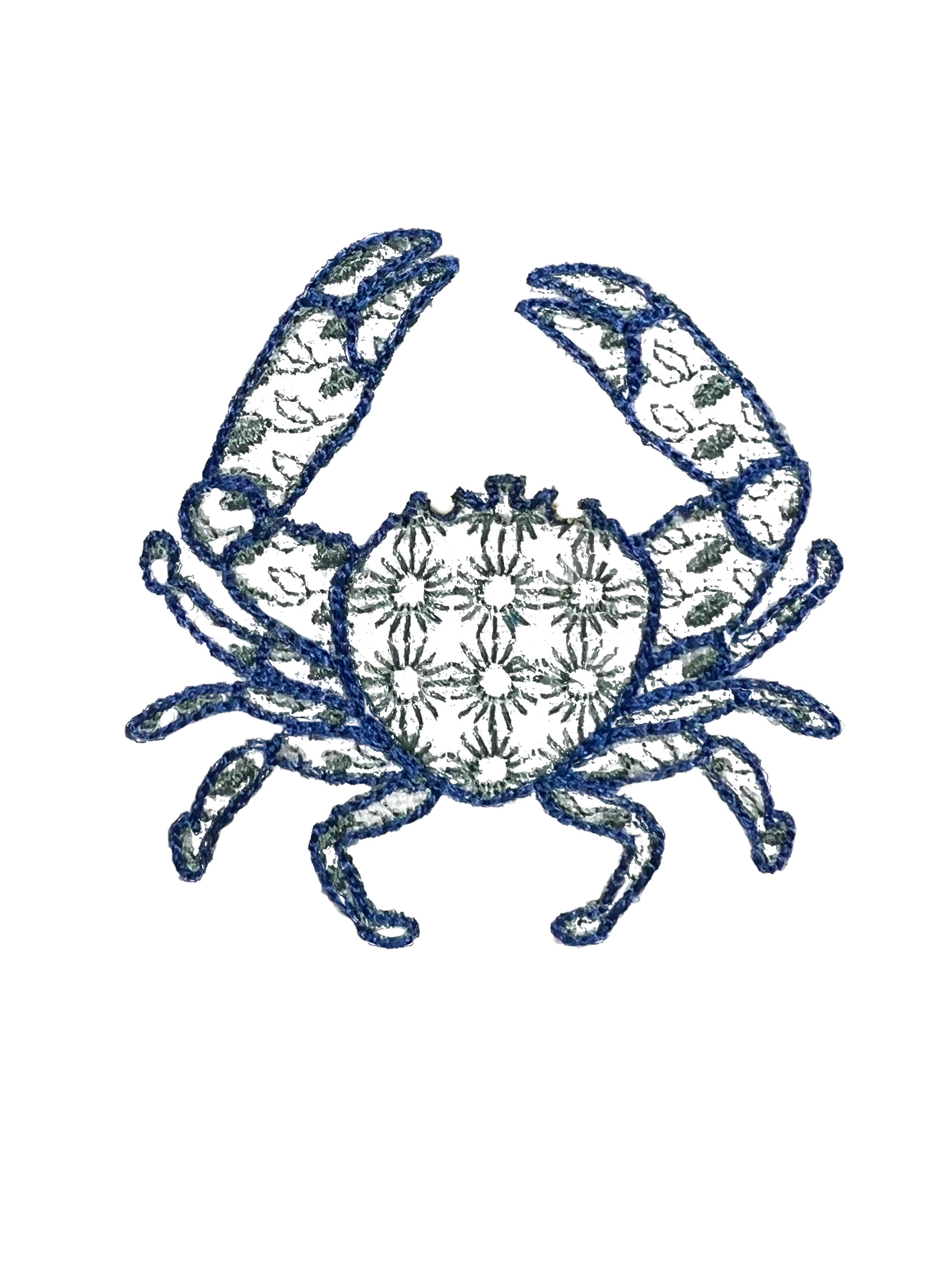 blue crab Chinoiserie Palm Beach style embroidery design that Ingrid Miller hand selected from a photograph in Adobe Photoshop