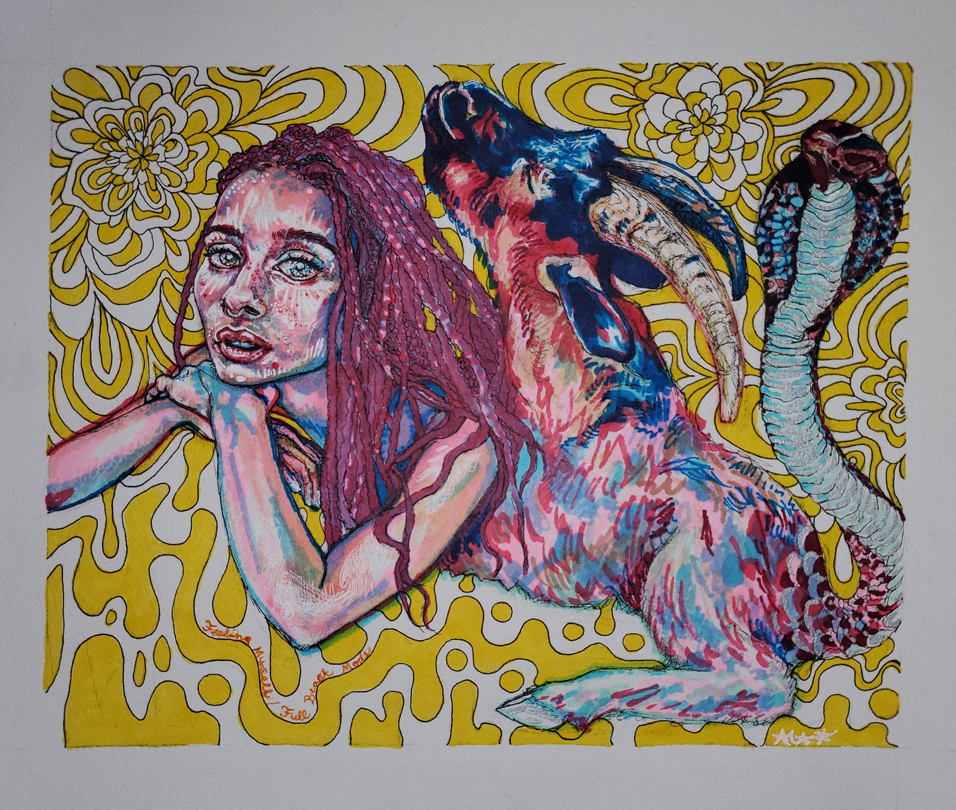 Feeling Myself/Full Beast Mode, 8" x 10", micron , marker, Sharpie paint pen, and Milky Pop gel pen on watercolor paper