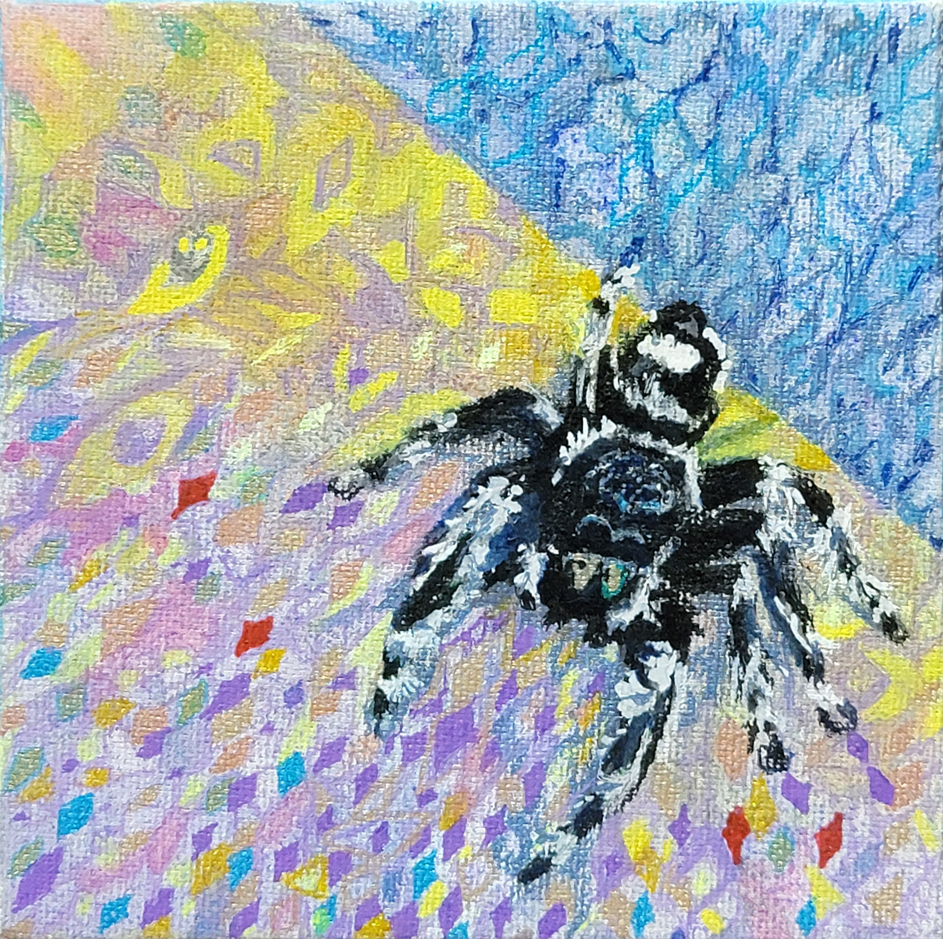 *Iridescent Jumper, 5" x 5," micron, gel pens, markers and Caran d'Ache wax pastels on canvas