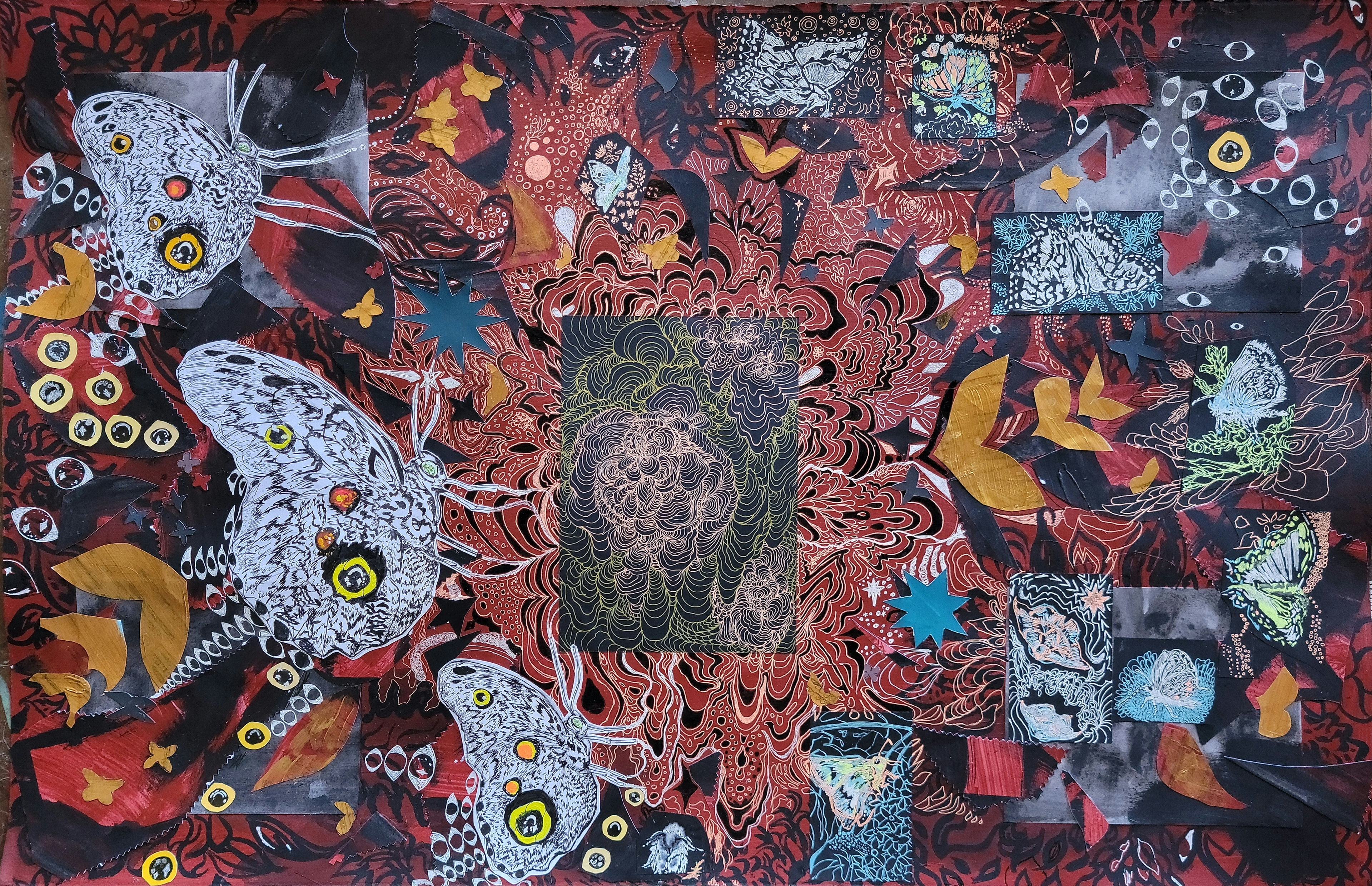 Echo, 25.5" x 40", Acrylic paint, black gesso, gel pen, micron, paint chips, Color Aid paper, and collaged drawings on watercolor paper