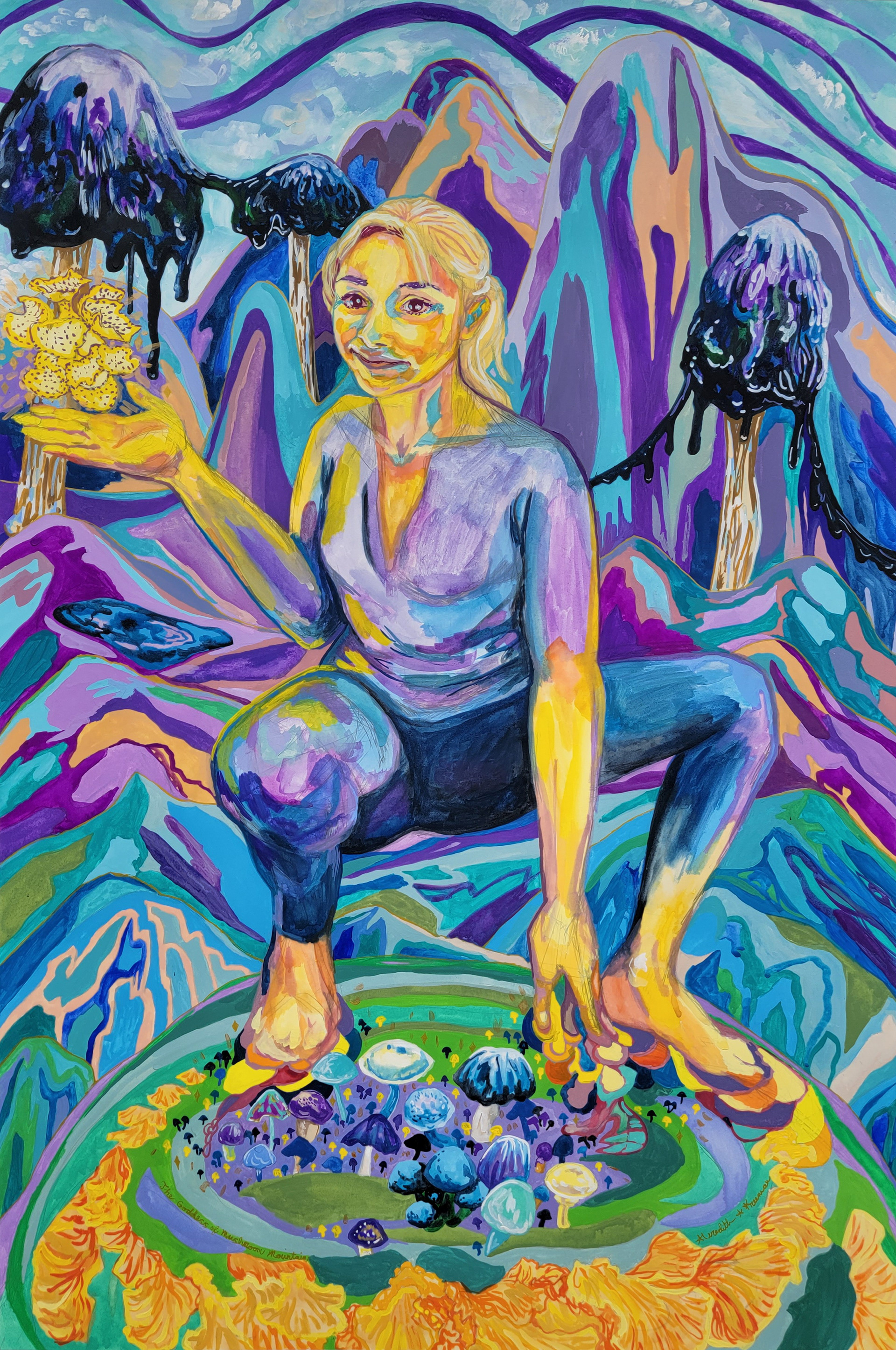 +The Goddess of Mushroom Mountain, 36" x 24", watercolor, gouache, gel pen and iridescent gold acrylic paint on watercolor paper