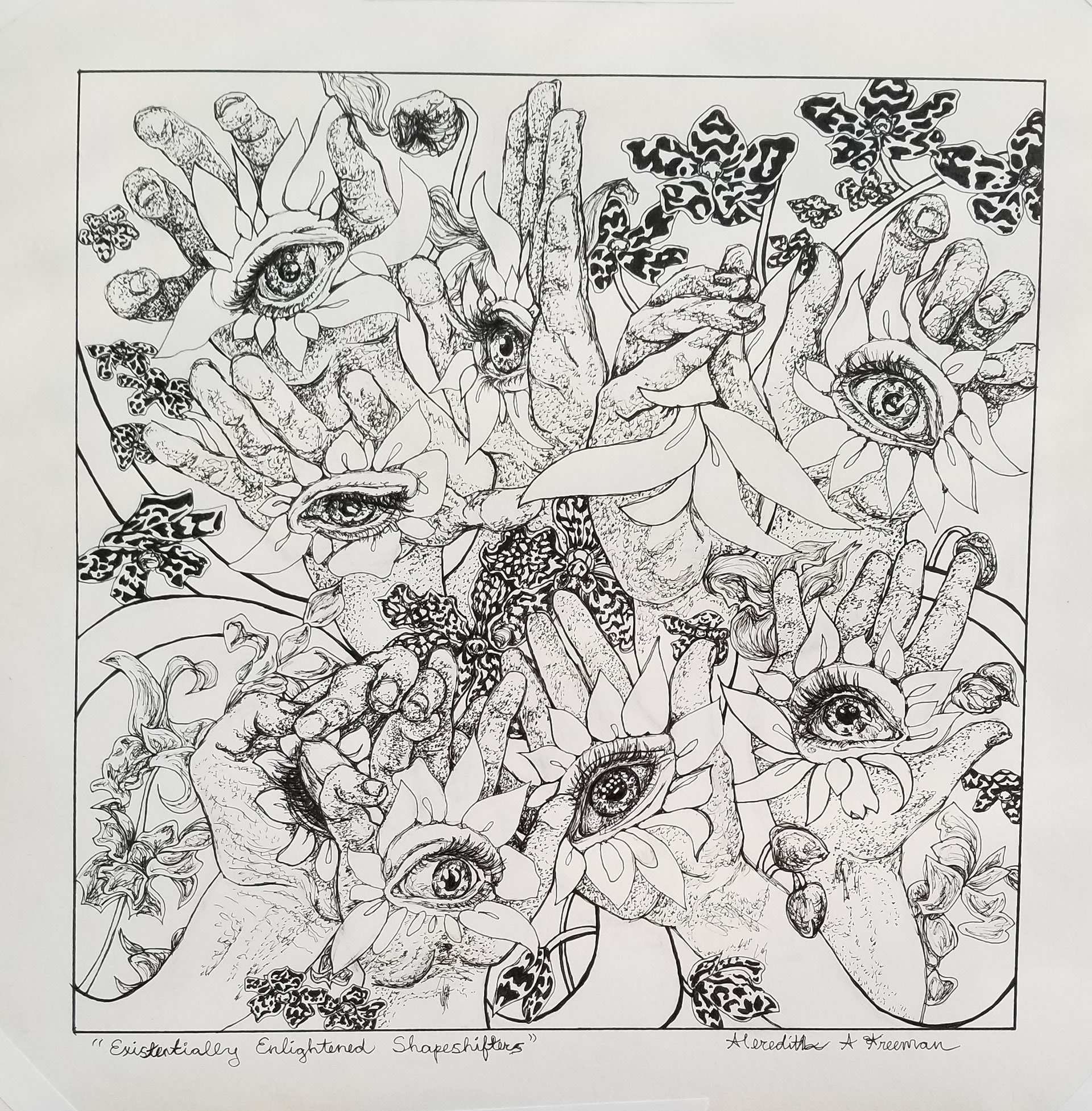 Existentially Enlightened Shapeshifters, 2018, 12"x12", micron on drawing paper