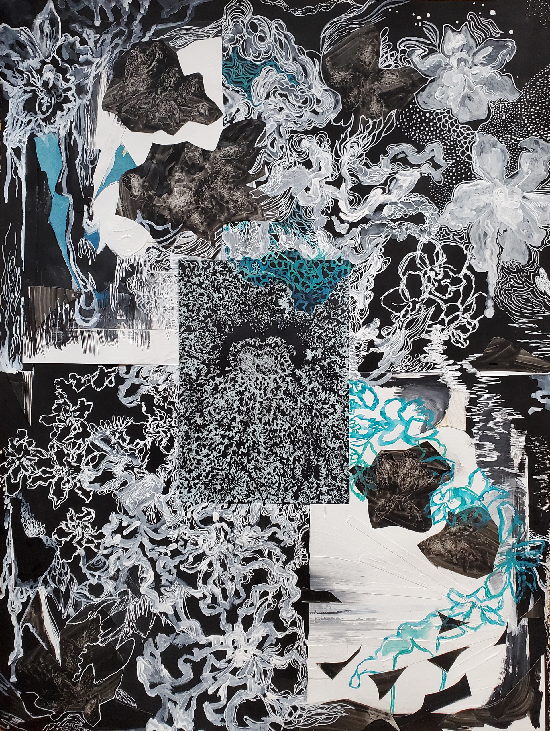 +Orchid Wisdom, 30" x 22.5", white gel pens, black gesso, white gesso, collaged gouache painting and drawing and painting on Yupo and Bristol papers on watercolor paper