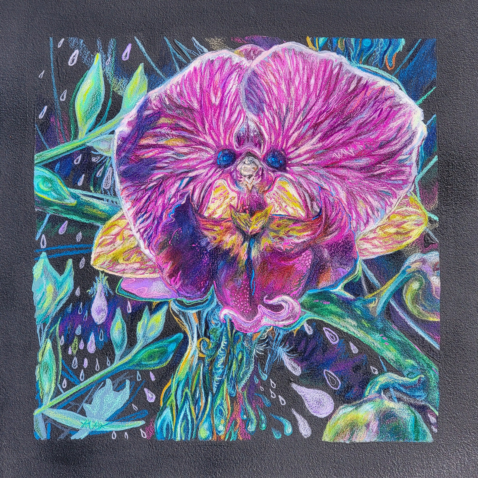 *Spring Will Always Come, 12" x 12," black gesso, colored pencils, gel pens, gouache and watercolor on watercolor paper