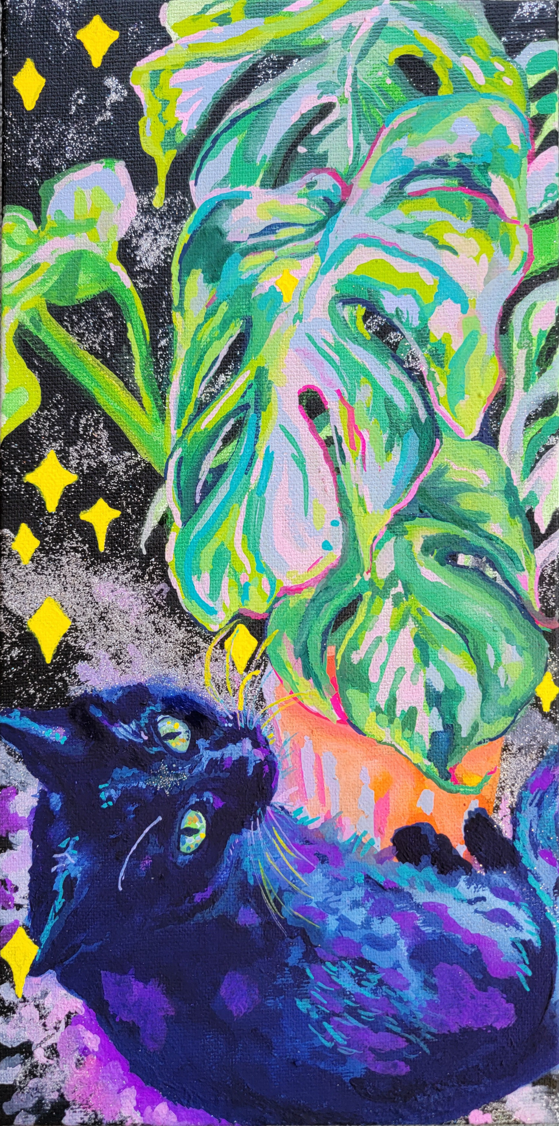 *Monstera Gorgeous Meditation, 12" x 6," ShinHan Poster paint, glitter, black gesso, and gouache on canvas