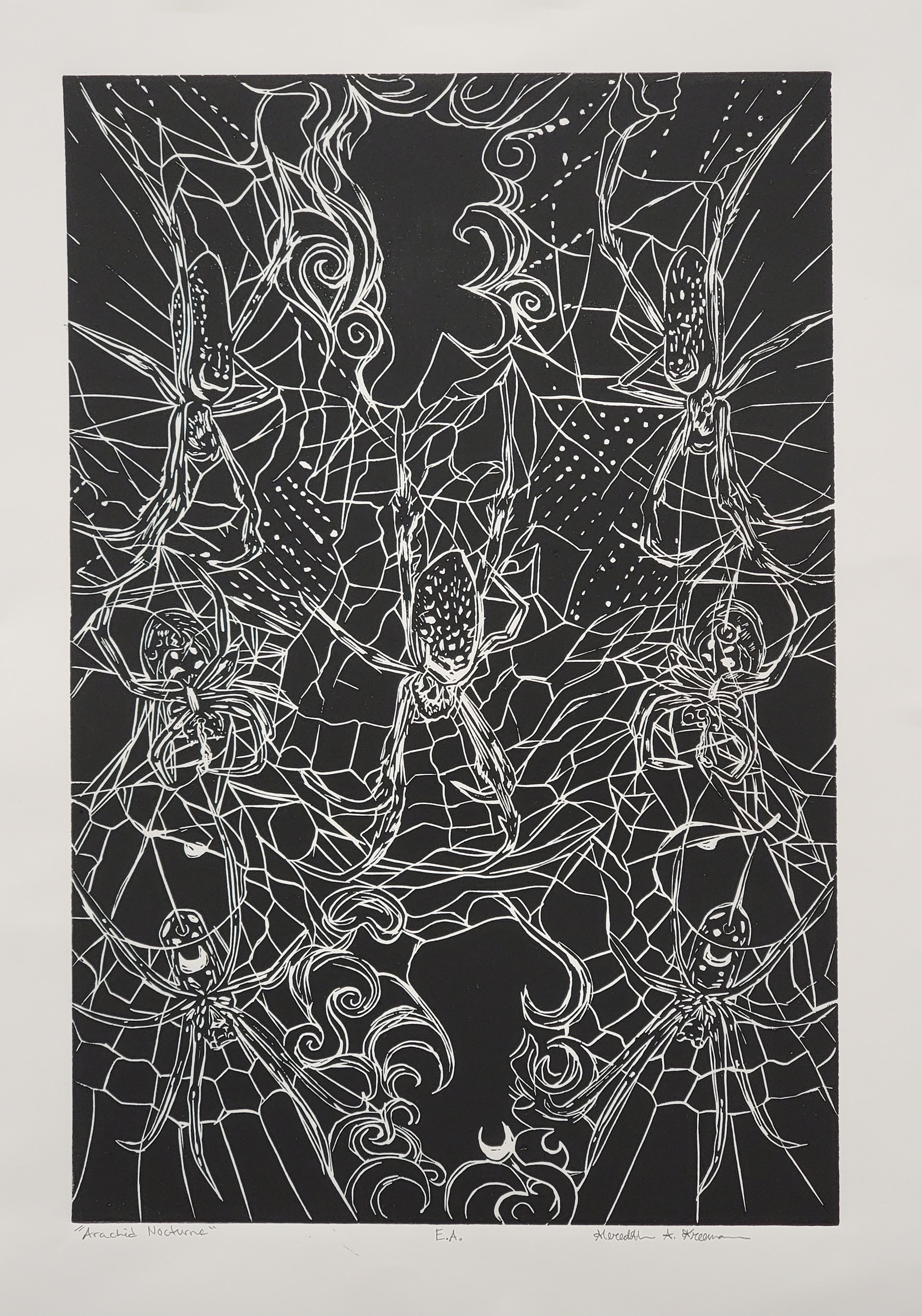 Arachnid Nocturne, 20" x 15," Linocut on Stonehenge Paper