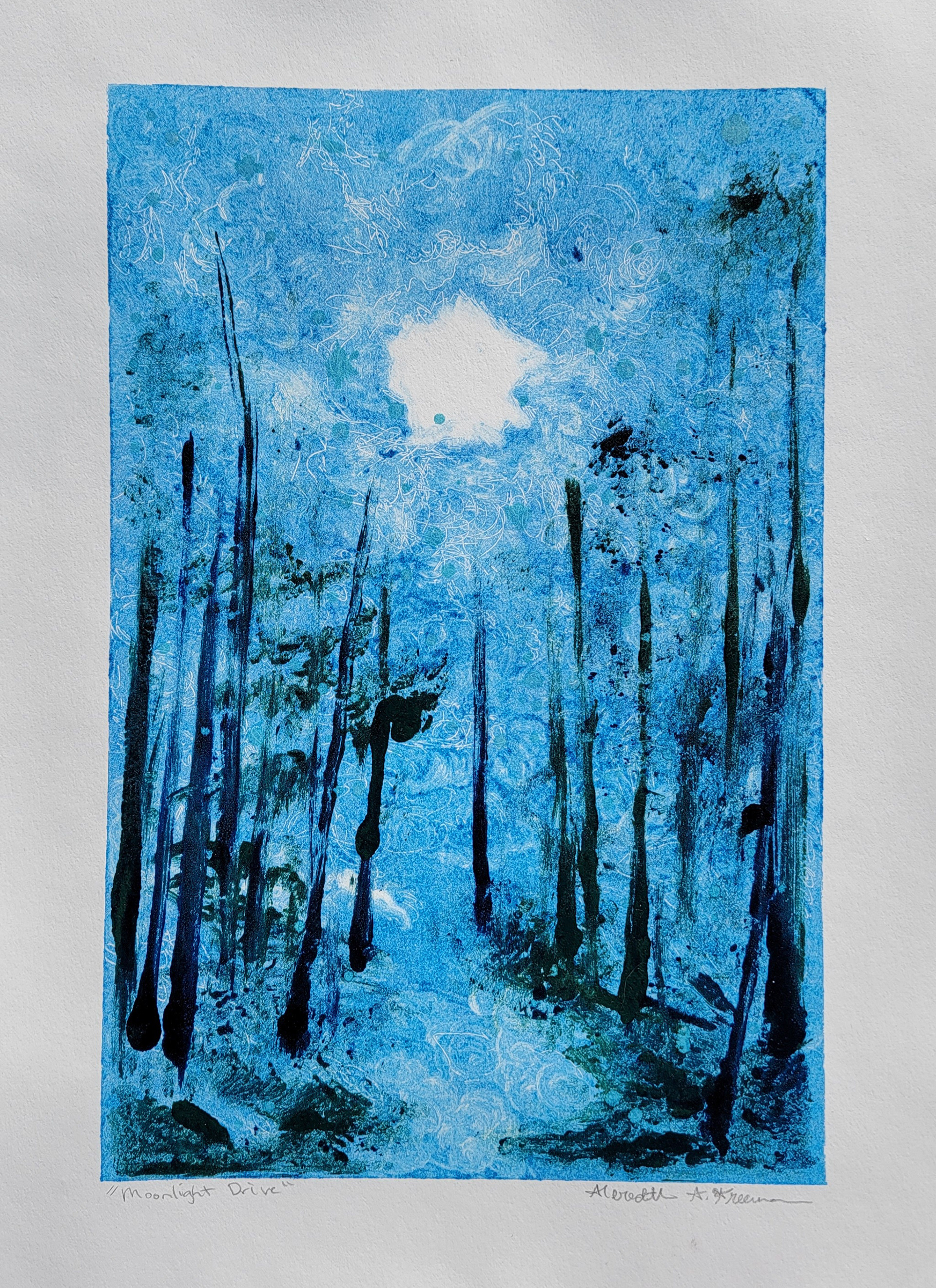 Moonlight Drive, 15" x 11", Monoprint on Stonehenge paper