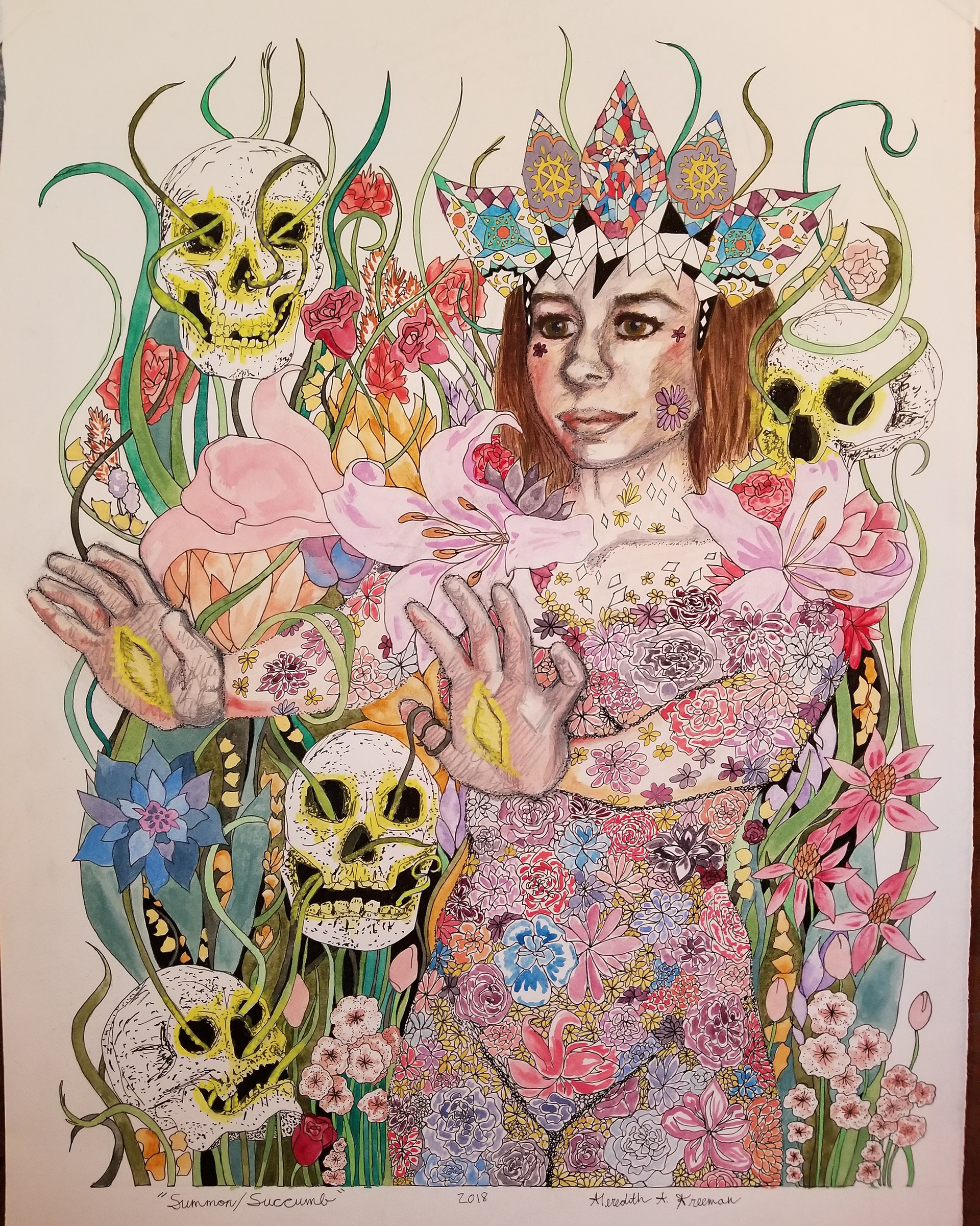 Summon/Succumb, 2018, 20" x 14", micron, watercolor, and gouache on watercolor paper