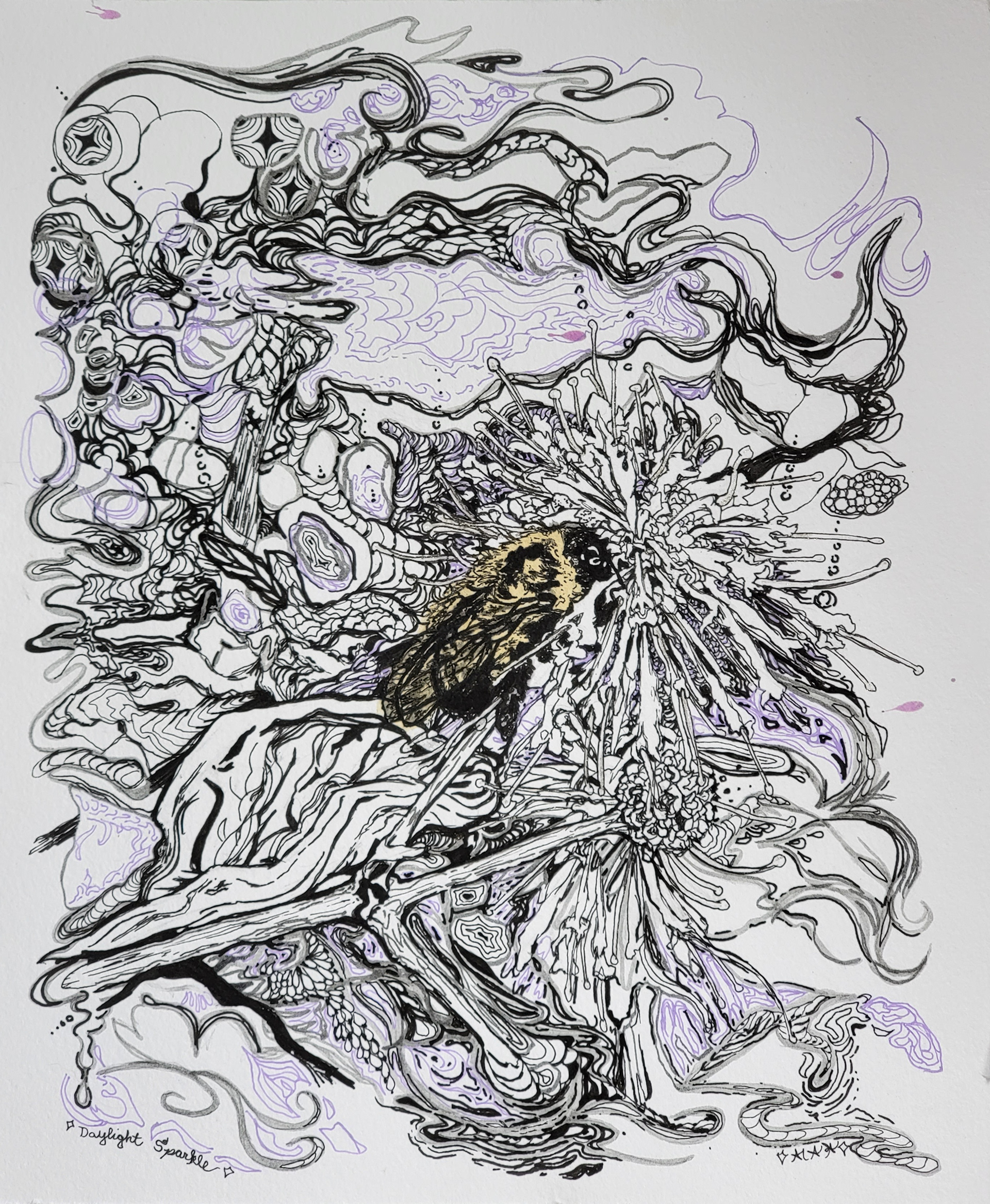 Daylight Sparkle, 12" x 10," Micron, gel pen and marijuana leaf pigment on watercolor paper