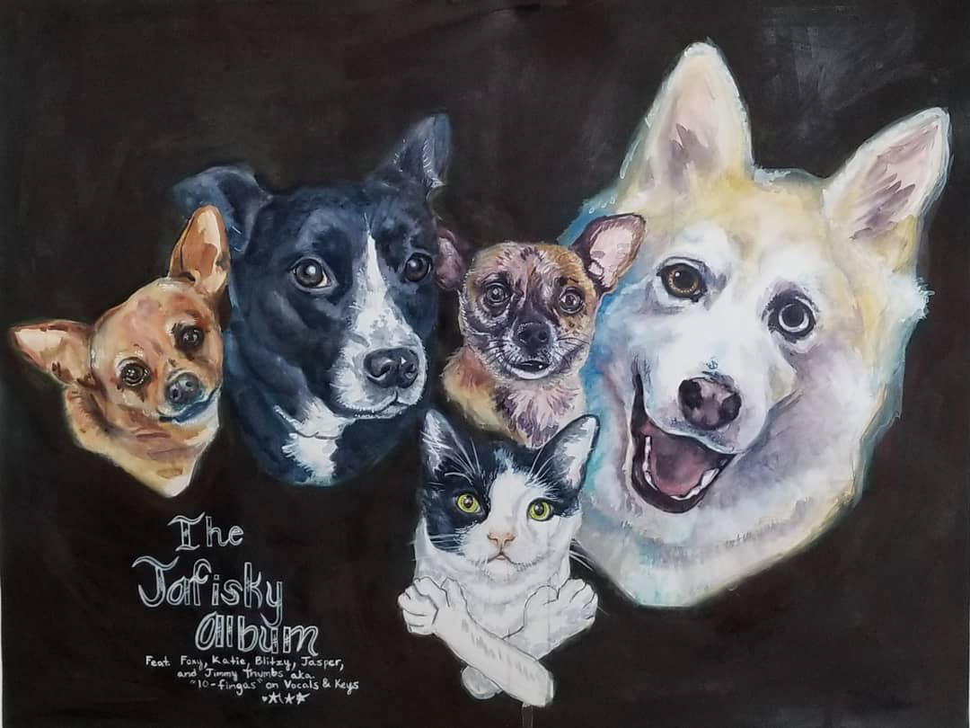 +The Jafisky Album feat. Foxy, Katie, Blitzy, Jasper, and Jimmy Thumbs aka '10 Fingas' on Vocals and Keys, 16" x 20", watercolor and gouache on watercolor paper