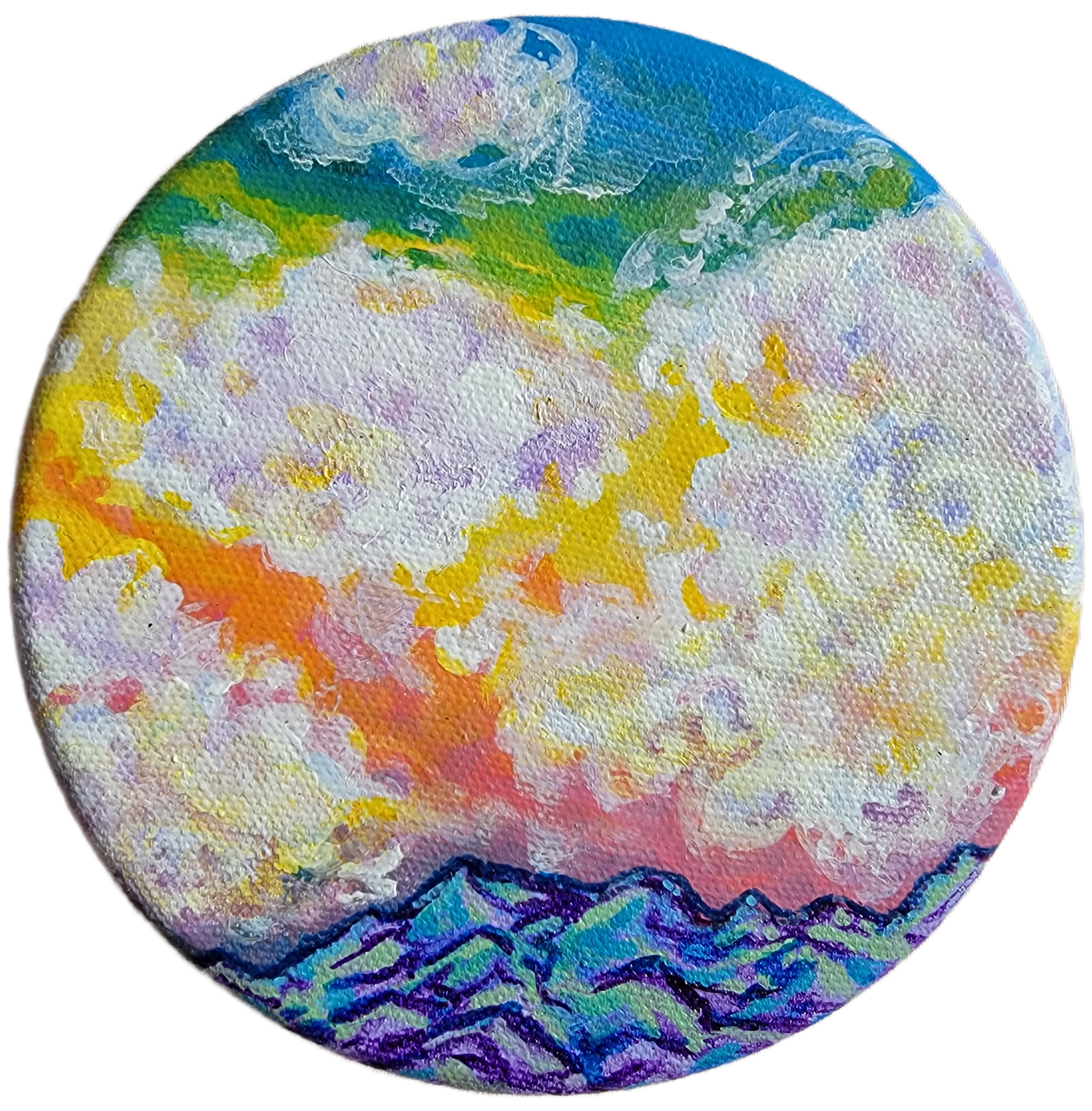 Oceanside Sunset, 5" tondo, acrylics and glitter on canvas