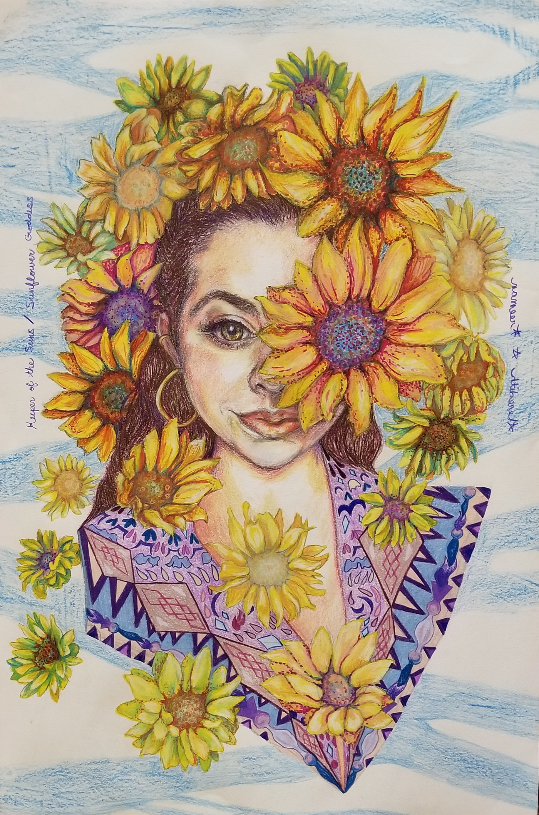 Keeper of the Suns/Sunflower Goddess, 2018, 21.5" x 14.5", colored pencil and marker on drawing paper